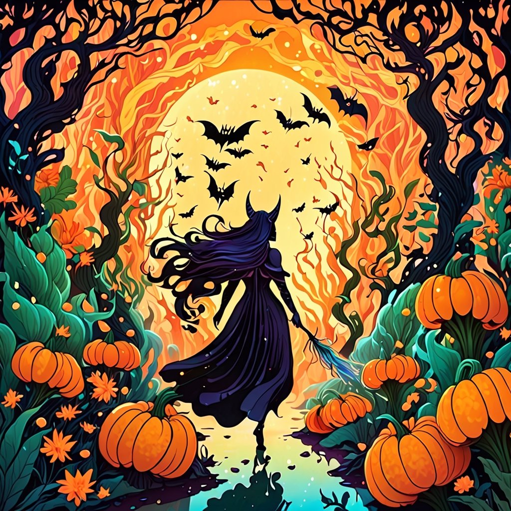 In Hallowen Leonardo style, cosmic energy flows gracefully through an ethereal garden, illuminating vibrant infernal flora with its soft glow. A celestial witch flying on a broom, Bats sneaking, dances among the flowers of another world. The scene is bathed in a surreal and otherworldly light, with an artistic touch that combines realism and fantasy. The medium is digital, creating a dreamlike atmosphere where every detail is meticulously rendered. The style is a fusion of sci-fi Halloween, with intricate details and hyper-detailed plants. The color scheme includes iridescent green, black, yellow and orange, reminiscent of an alien paradise. The computer graphics are of the highest quality, ensuring a visually stunning, colorful, detailed, 4k, pro vector, full design and Alchemy Smooth Upscaled masterpiece.