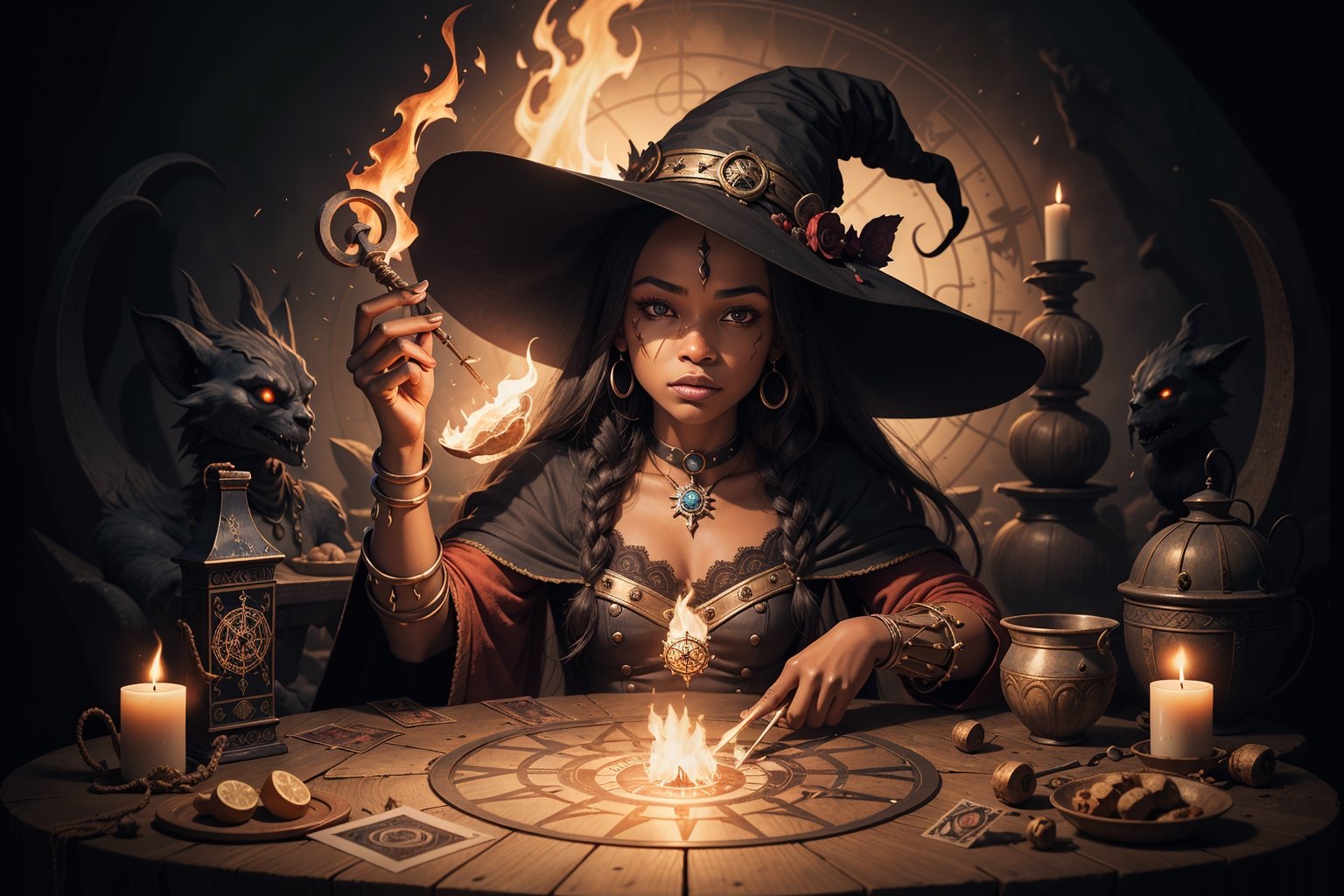 Masterpiece, Best quality, 1 African girl, witch, vodoo magic casting, magic circle, [fire: ice], dark fantasy theme, tarot card, cowboy photo, looking at viewer. vodoo clothing,