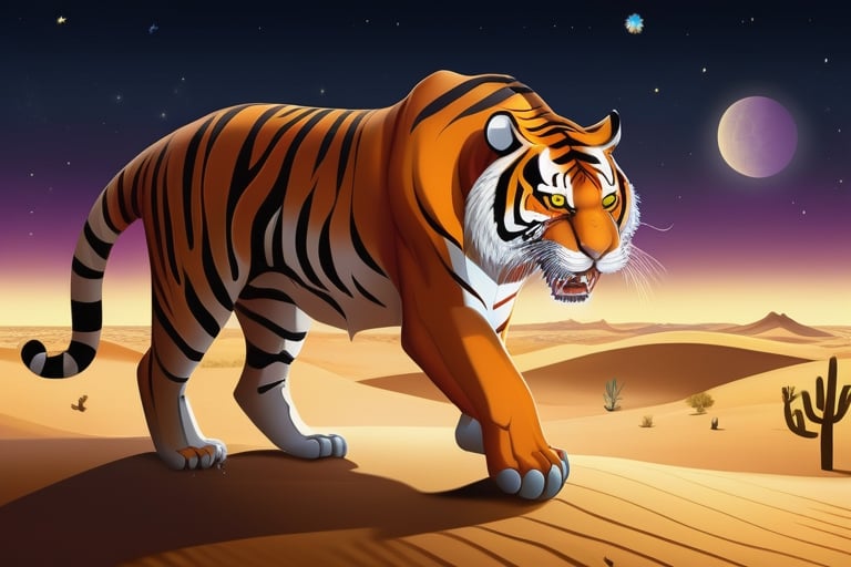 a huge terrifying tiger at night in the desert,