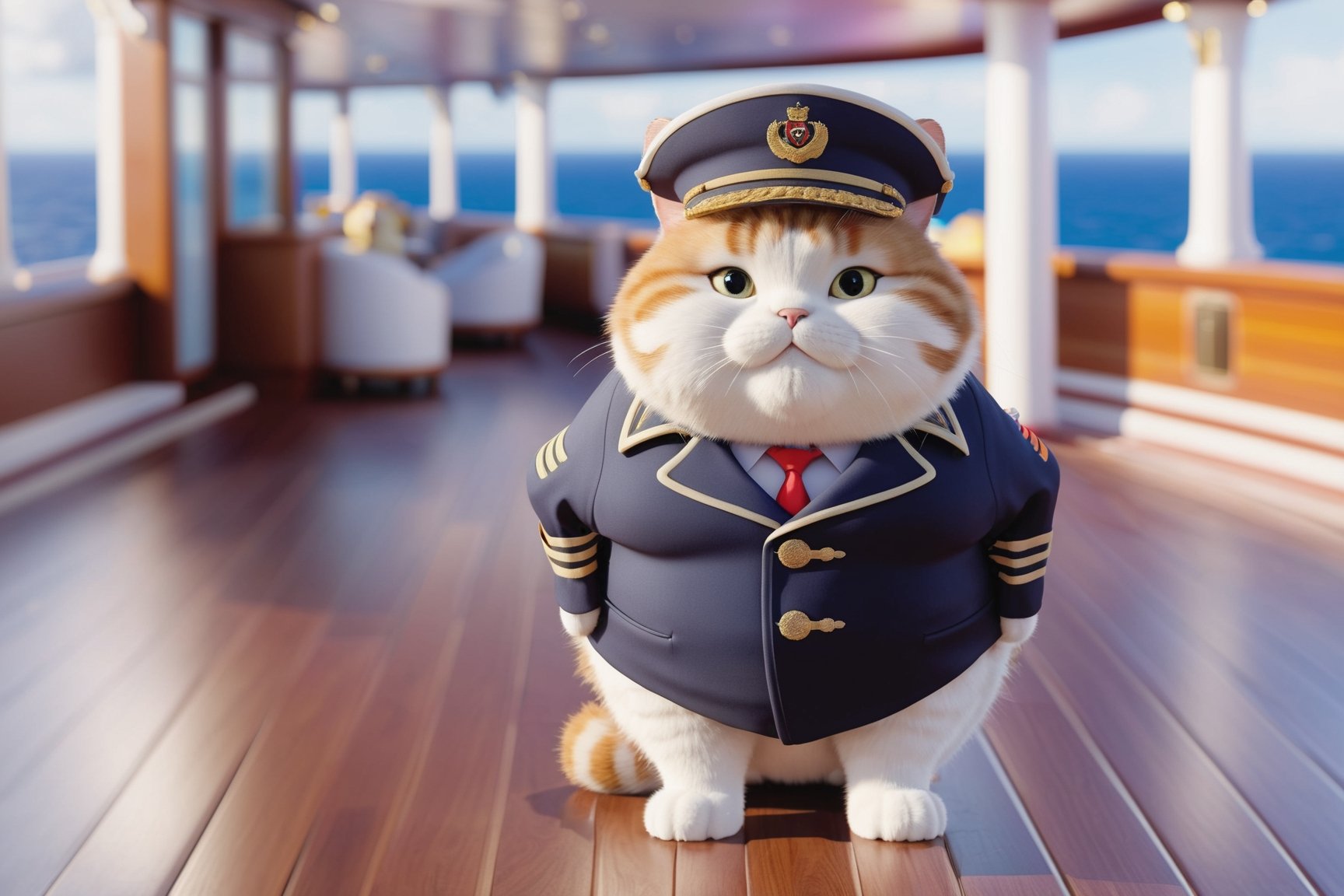 Could you please create a fantastic 3d-rendered illustration of a cute fat cat, serving as captain of a cruise ship, on the deck of a cruise ship, ((head down)), ((eyes tender)), detailed fur, wearing uniform, 8k resolution, masterpiece, very realistic, detailed background, depth of field, 3d style, a text that says Soy el capitan de tu corazon,