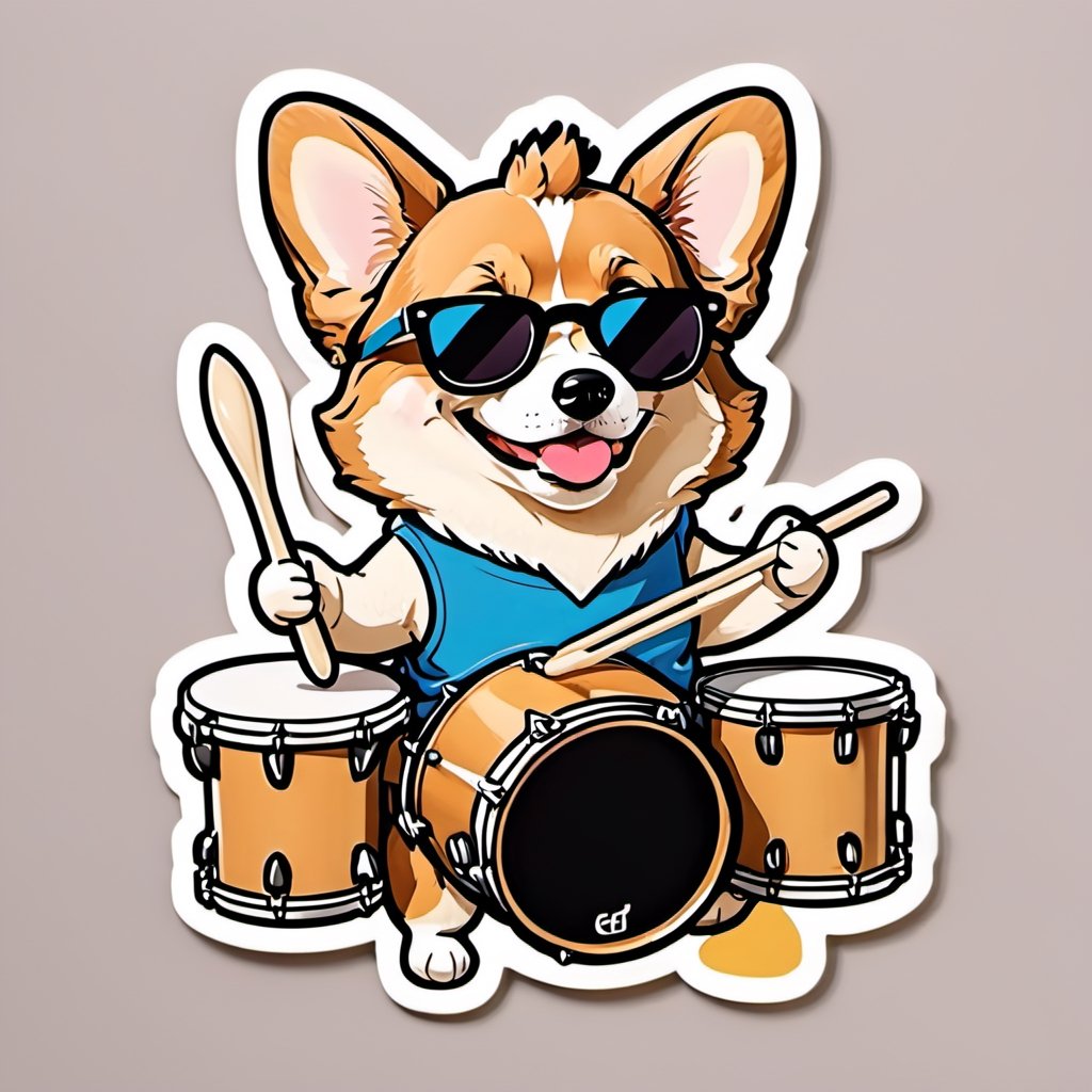 sticker , corgi, holding a drumstick, playing drums, wearing sunglasses, cute