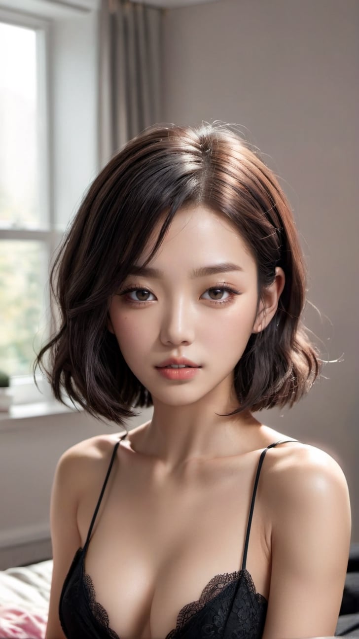 ((completely nsfw,  completely nude,  sexy,  facing viewer,  squarely)),  beautiful Korean 22yo girl,  beautiful face,  perfect ratio,  face symmetry,  highly detailed realistic eyes, black eyes,    (1girl,  on bed,  completely_naked,  full body,  full shot,  view from front,  girl's sitting at bed, seductive (legs spread) pose) , visible knees in picture frame, (a black color luxurious style king size bed:1.331),  photorealistic,  professional,  remarkable color,  RAW photo,  best quality,  natural lighting,  8k uhd,  dslr,  film grain,  Fujifilm XT3,  beautiful black hair,  short bob hairstyle,  topless,  naked collarbone,  perfect midium breasts,  perfect cleavage,  swelling pink nipples visible in perfect definition,  perfect areola,p3rfect boobs,cleavage, 