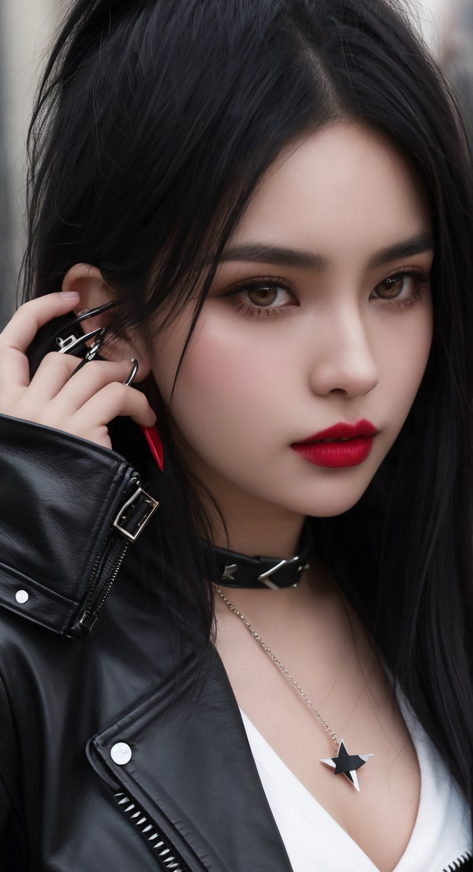 A close-up shot of a girl with punk-inspired style, her spiky black hair and ripped fishnets accentuating her rebellious attitude. Her bright red lipstick forms a bold 'X' shape on her cheek as she defiantly gazes directly into the camera lens, her leather jacket and safety pins completing her edgy ensemble against a gritty urban backdrop.