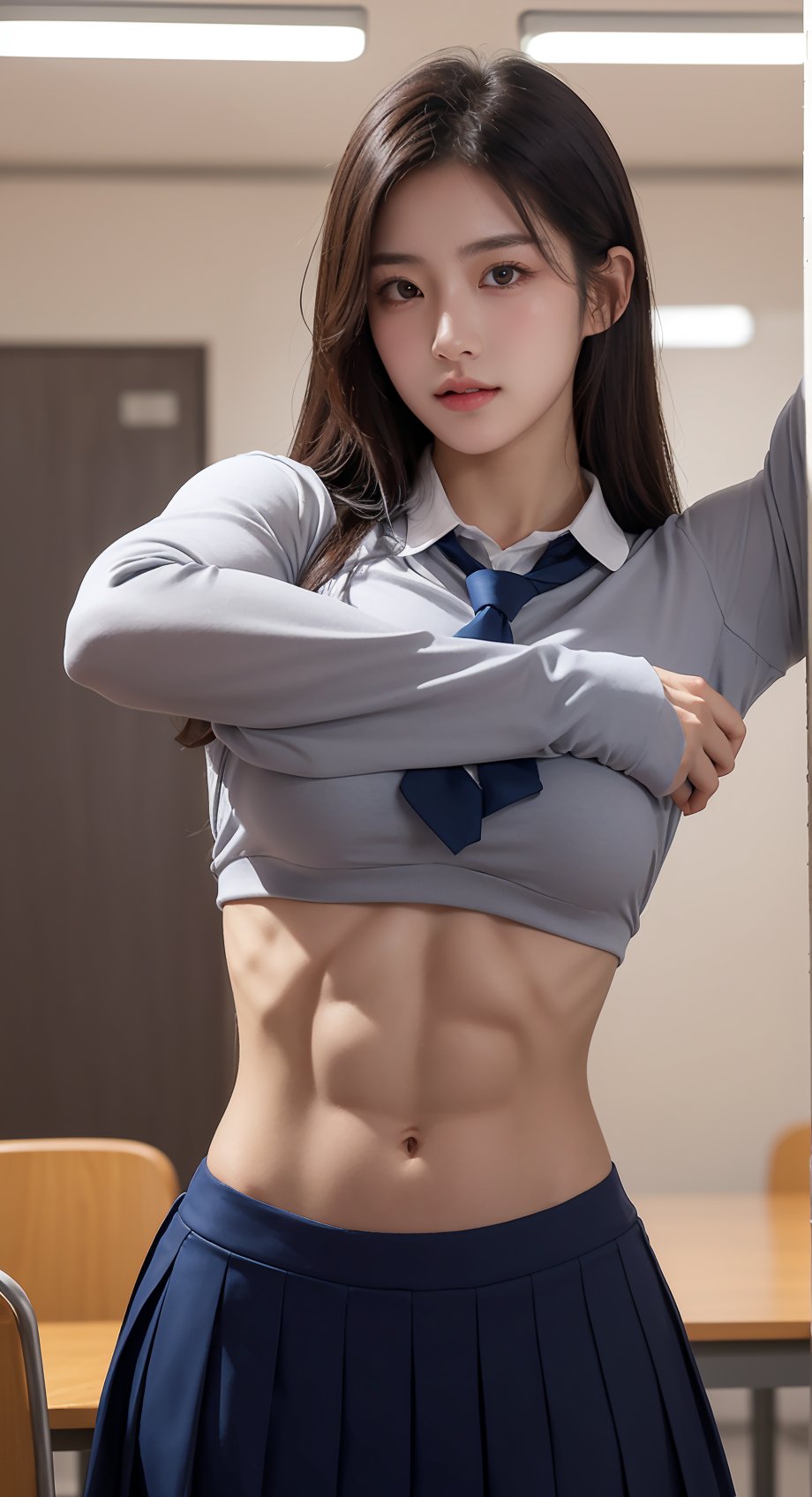 Stunning Korean schoolgirl, posing confidently in crisp uniform, eyes fixed straight ahead. Muscles bulging beneath sleeves as arms flex, showcasing massive physique. Six-pack abs glisten under harsh overhead lighting, highlighting defined contours. Camera captures 45-degree angle shot, emphasizing athletic build and captivating gaze.