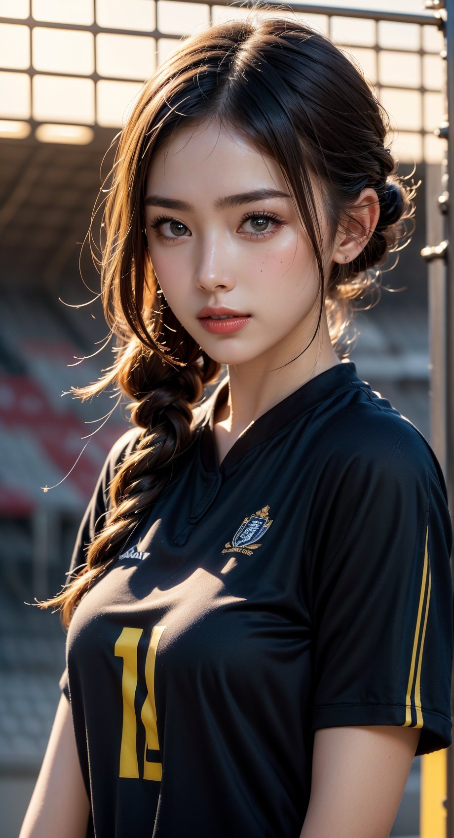 (RAW Photo, Best Quality), (Realistic, Photorealistic: 1.3), Best Quality, Masterpiece, Beautiful, 16K, (HDR: 1.4), High Contrast, (Vivid Colors: 1.4), (Medium, Dim) Colors, Muted Tones, Cinematic Lighting, Soccer Uniforms, Soccer Stadium, Soccer Players, Ambient Light, Exquisite Details and Textures, Cinematic Shot, Warm Tones, (Bright and Intense: 1.2), Horizontal French Twist Hair, Young Woman with Confidence and Style, Great Port, Great for Rate, Great Composition, Great Drawing. Happy in Heart