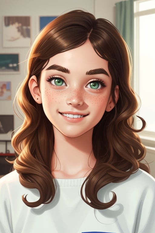 a cute 13 years old bubbly european girl of green eyes with her face full of freckles with a charming smile, looking_at_viewer, long curly dark hair, thick eyebrows, in a apartment, realistic illustration, photogenic child