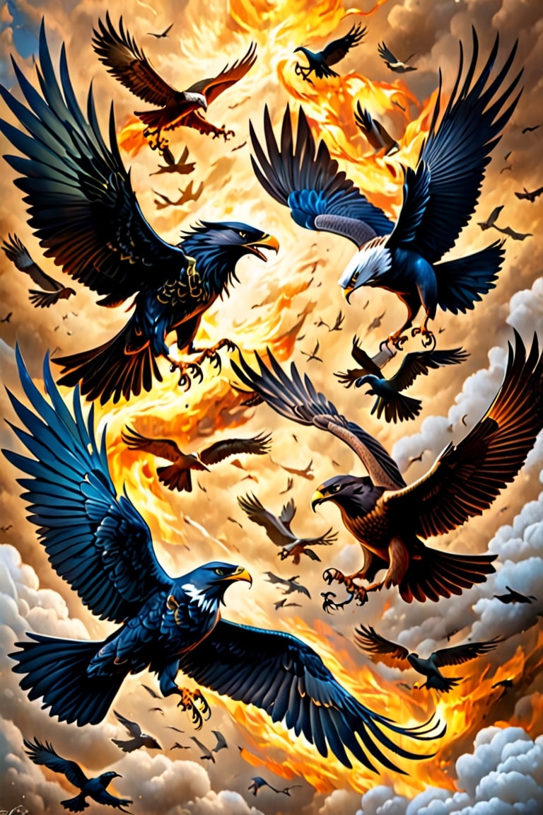 
"Crows, eagles, pigeons, and falcons, the avian predators of the sky, engage in a fierce battle, intertwining with one another in aerial combat.",Leonardo Style,fire element
