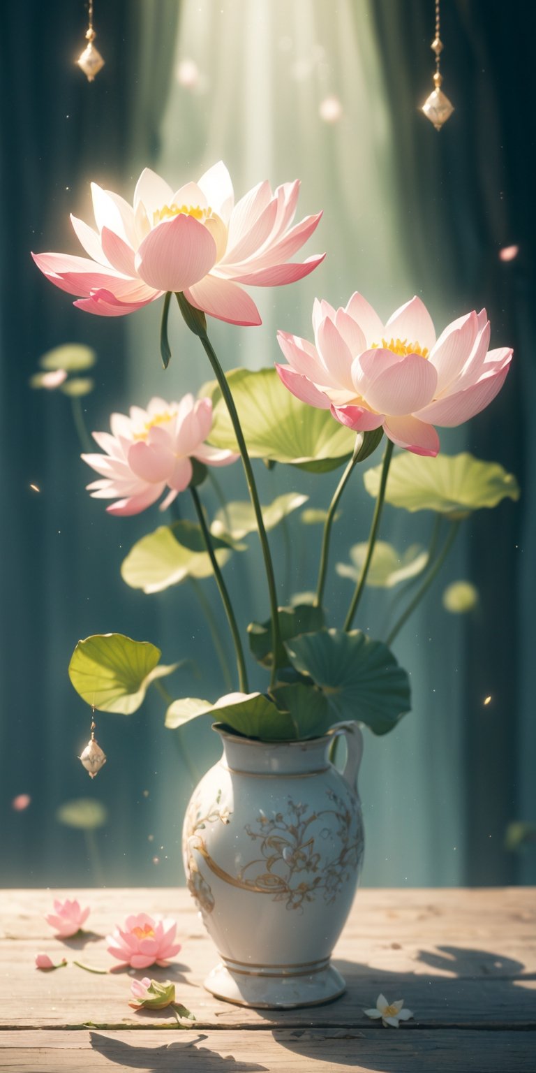 "In an enchanting space where lotus blossoms gracefully, the essence of purity blends with the surroundings, unfolding joy and a fantastical beauty. Bathed in radiant light, the entire scene resonates with a dazzling glow, as if nature itself is creating a special moment, embracing the light in a song of splendor."