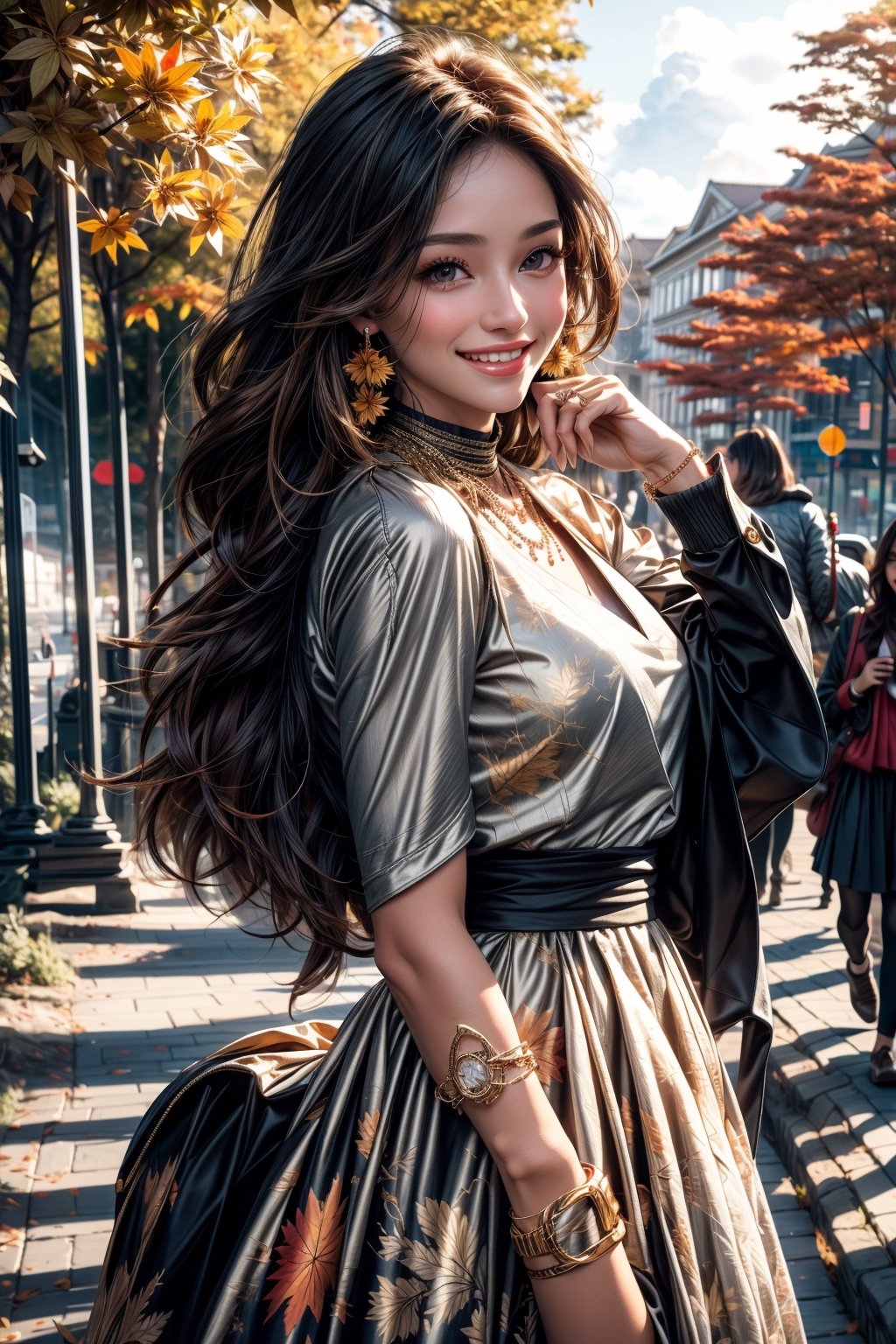 girls, 8K, best quality, masterpiece, smile, real skin:1.1, shinny hair, shiny skin, bright_face, smile face, The theme words are autumn, clouds, foliage, and sunshine, The background should depict the breathtaking beauty of a fantastical autumn, encompassing the grandeur and magnificence of nature, The clothing represents a variety of fashion styles, including casual and dresses, with a range of colors that complement the autumn season.,High detailed, viewing up, various dynamic pose, upper_body