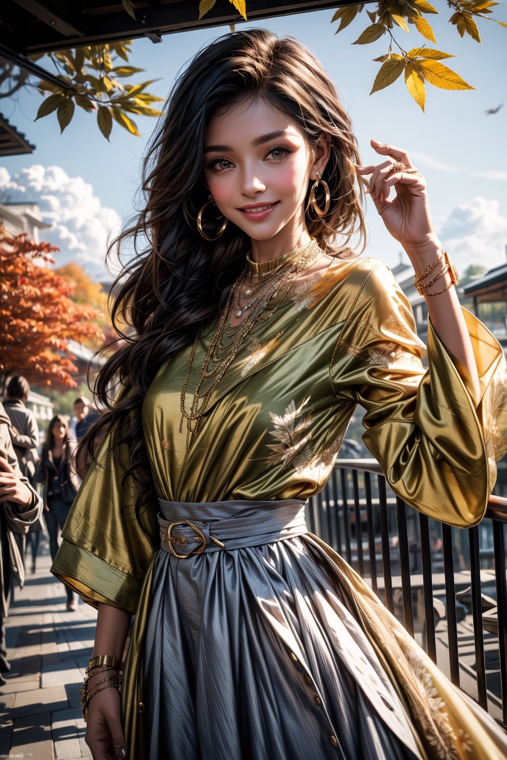 girls, 8K, best quality, masterpiece, smile, real skin:1.1, shinny hair, shiny skin, bright_face, smile face, The theme words are autumn, clouds, foliage, and sunshine, The background should depict the breathtaking beauty of a fantastical autumn, encompassing the grandeur and magnificence of nature, The clothing represents a variety of fashion styles, including casual and dresses, with a range of colors that complement the autumn season.,High detailed, viewing up, various dynamic pose, upper_body, Fashion designer Coco Chanel