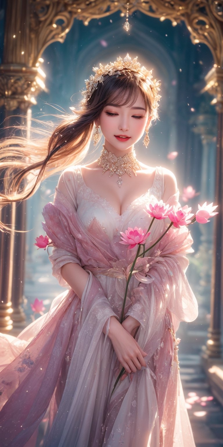 "In an enchanting space where lotus blossoms gracefully, the essence of purity blends with the surroundings, unfolding joy and a fantastical beauty. Bathed in radiant light, the entire scene resonates with a dazzling glow, as if nature itself is creating a special moment, embracing the light in a song of splendor."