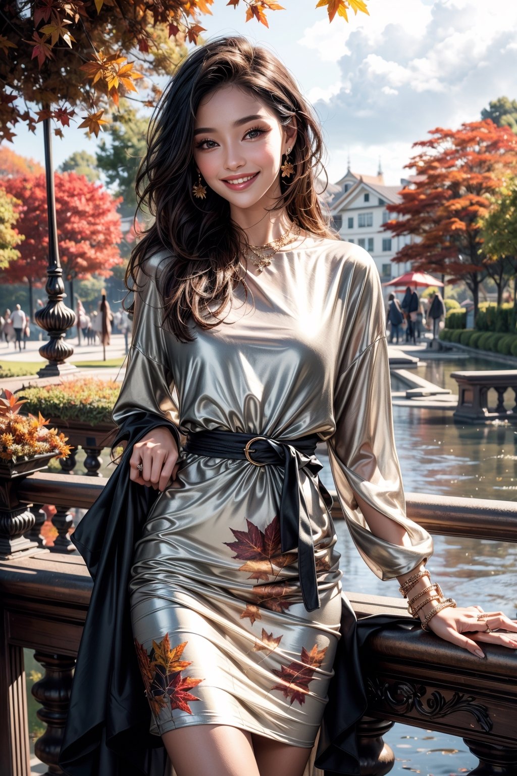 girls, 8K, best quality, masterpiece, smile, real skin:1.1, shinny hair, shiny skin, bright_face, smile face, The theme words are autumn, clouds, foliage, and sunshine, The background should depict the breathtaking beauty of a fantastical autumn, encompassing the grandeur and magnificence of nature, The clothing represents a variety of fashion styles, including casual and dresses, with a range of colors that complement the autumn season.,High detailed, viewing up