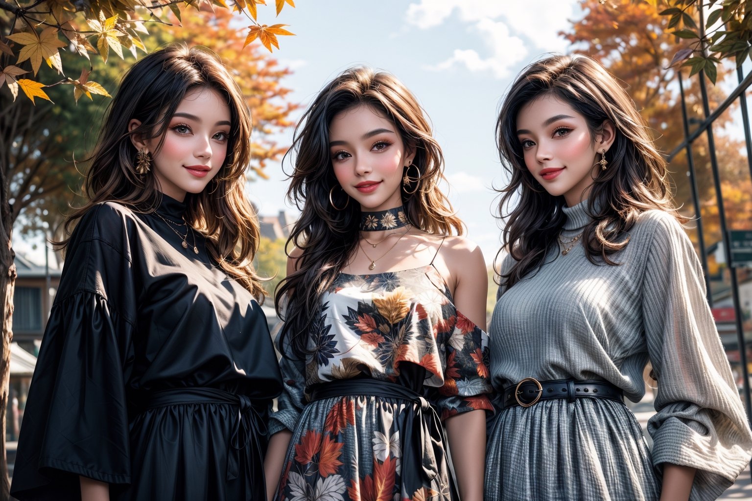 girls, 8K, best quality, masterpiece, smile, real skin:1.1, shinny hair, shiny skin, bright_face, smile face, The theme words are autumn, clouds, foliage, and sunshine, The background should depict the breathtaking beauty of a fantastical autumn, encompassing the grandeur and magnificence of nature, The clothing represents a variety of fashion styles, including casual and dresses, with a range of colors that complement the autumn season.,High detailed, viewing up