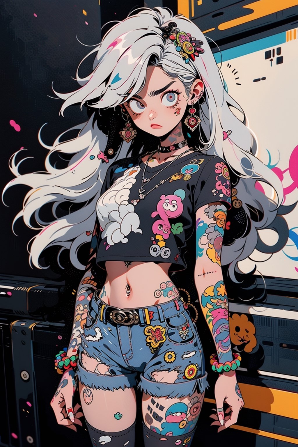 masterpiece, full_body, ruanyi0220, body tattoos, BJ_Violent_graffiti, illustration, 1girl, solo, long hair, shirt, black hair, thighhighs, navel, holding, jewelry, very long hair, closed mouth, standing, white hair, grey hair, pantyhose, multicolored hair, shorts, choker, midriff, black thighhighs, necklace, hair over one eye, two-tone hair, torn clothes, black shirt, short shorts, black choker, black shorts, torn thighhighs, single leg pantyhose, instrument case, guitar case, full_body