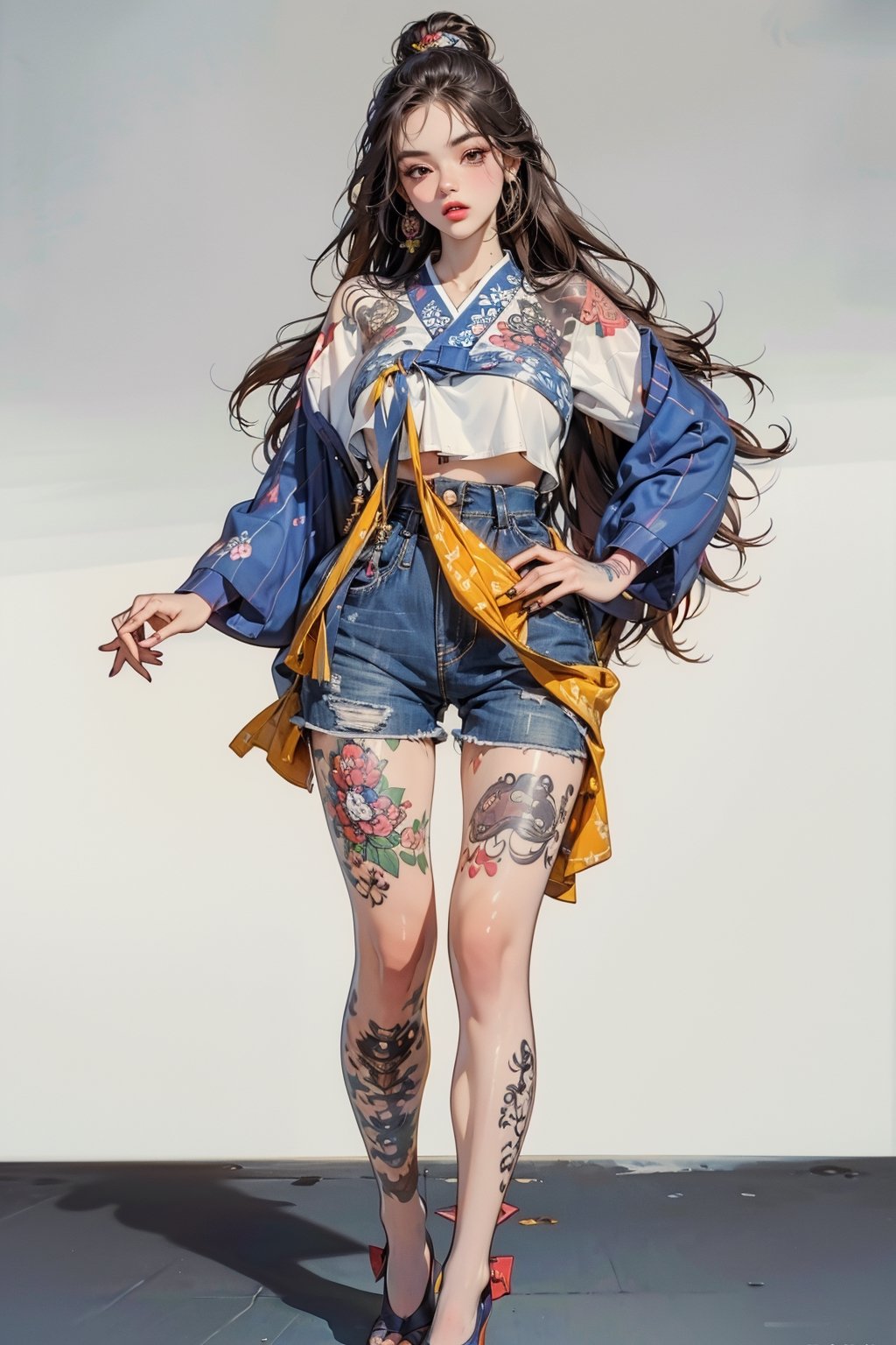 ((masterpiece, high quality, best quality, 8k, fine lineart, highly detailed, absurdres)), ruanyi0220, BJ_Violent_graffiti, rgbcolor, body_tattoos, 1girl, solo, long hair, standing, full_body, shirt, bare legs, shorts, lips, big_breasts,hanbok