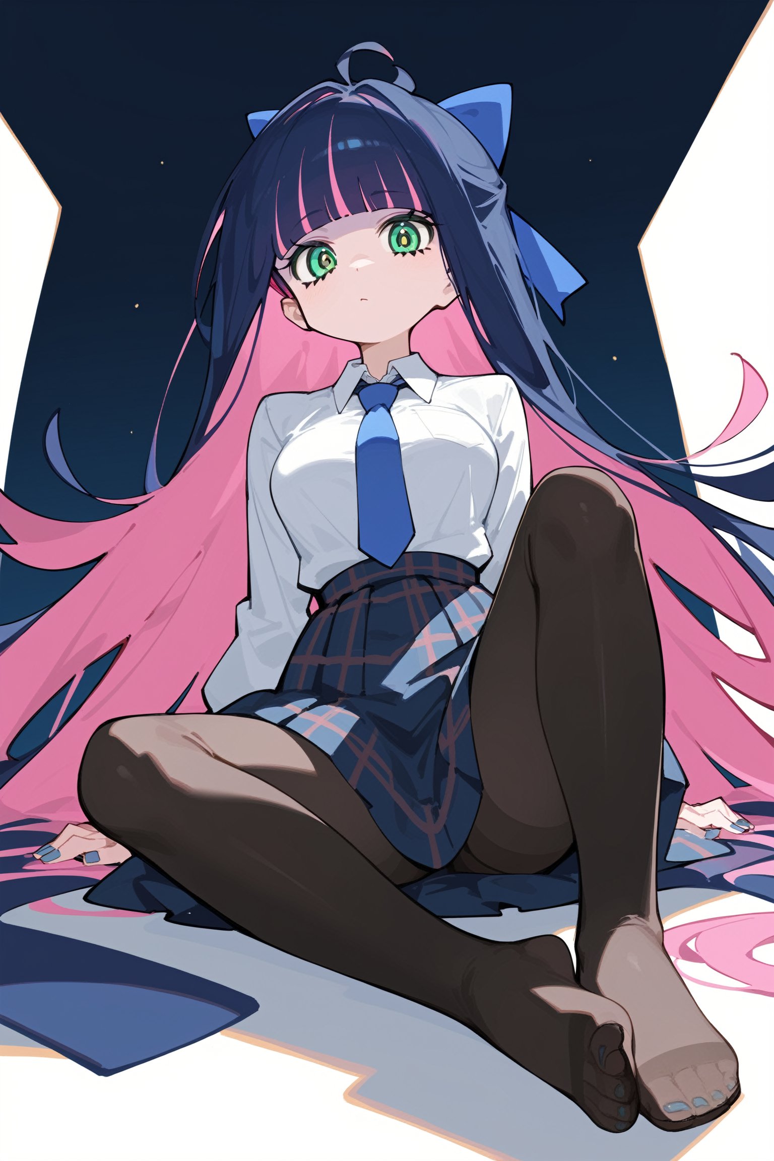 ,score_9, score_8_up, score_7_up, 
masterpiece, best quality, amazing quality, very aesthetic, absurdres,

1girl, solo, long hair, looking at viewer, bangs, skirt, shirt, long sleeves, bow, very long hair, green eyes, blue hair, white shirt, pink hair, hair bow, pantyhose, multicolored hair, necktie, collared shirt, high_waist skirt, miniskirt, blunt bangs, nail polish, two-tone hair, blue skirt, plaid, black pantyhose, blue bow, plaid skirt, blue nails, blue necktie, colored inner hair, stocking \(psg\), bare feet, large_breasts, sitting on floor,

from below,