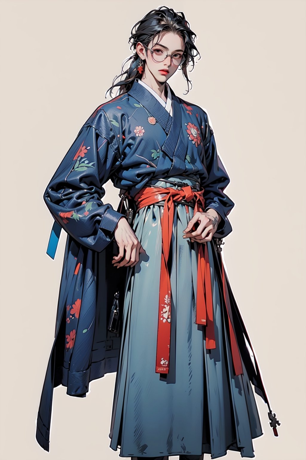 ((masterpiece, high quality, best quality, 8k, fine lineart, highly detailed, absurdres)), hanbok, ruanyi0220, body tattoo,wrenchftmfshn, 1boy, standing, full_body, longhair, glasses