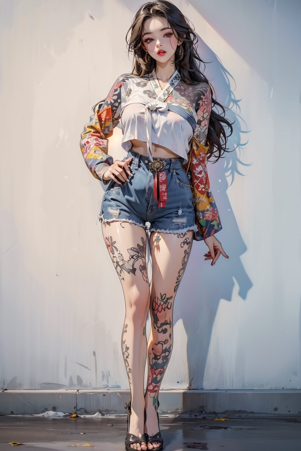 ((masterpiece, high quality, best quality, 8k, fine lineart, highly detailed, absurdres)), ruanyi0220, BJ_Violent_graffiti, rgbcolor, body_tattoos, 1girl, solo, long hair, standing, full_body, shirt, bare legs, shorts, lips, big_breasts,hanbok