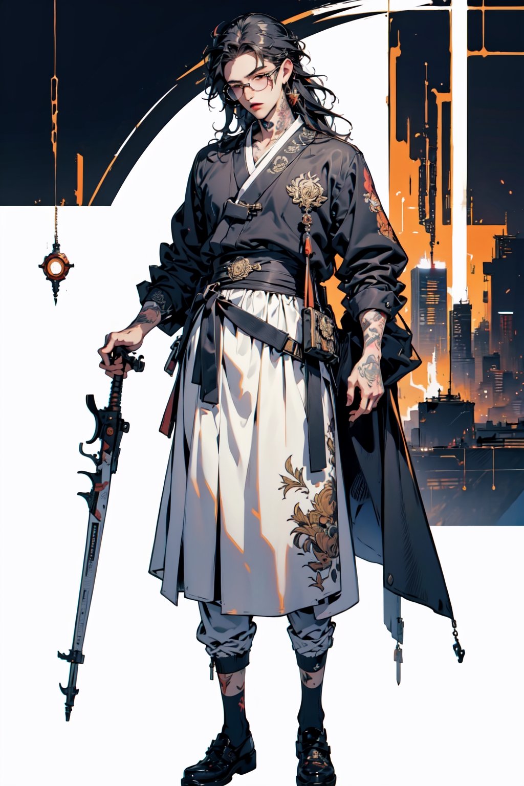 ((masterpiece, high quality, best quality, 8k, fine lineart, highly detailed, absurdres)), hanbok, ruanyi0220, body tattoo,wrenchftmfshn, 1boy, standing, full_body, longhair, glasses