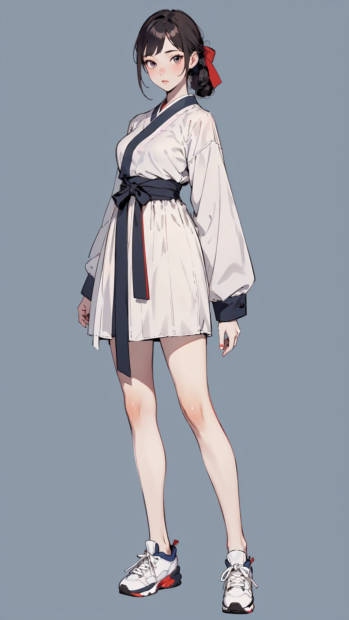 ((masterpiece, high quality, best quality, 8k, fine lineart, highly detailed, absurdres)),1girl, solo, full-body, sneakers,bare legs, tiny_breasts, niji, simple_background,AS,hanbok