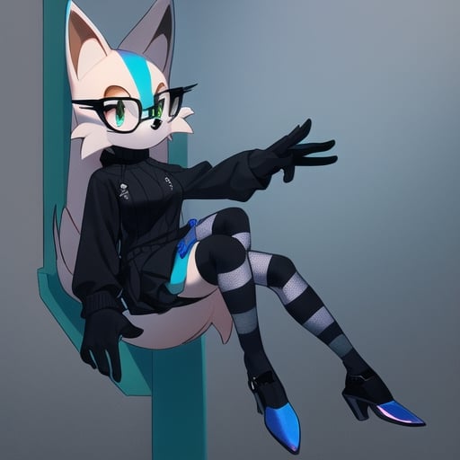 Female, mobian, black glasses, very long hair, fox, violet fur, Chinese fur, cyan fur, (black gothic mini skirt), (long sleeve), (front zipper), sweater, (black sweater), (black sweater), (closed sweater), (black gloves), heels, green eyes, green eyes, medium breasts, full body, (striped stockings), ((((masterpiece))))