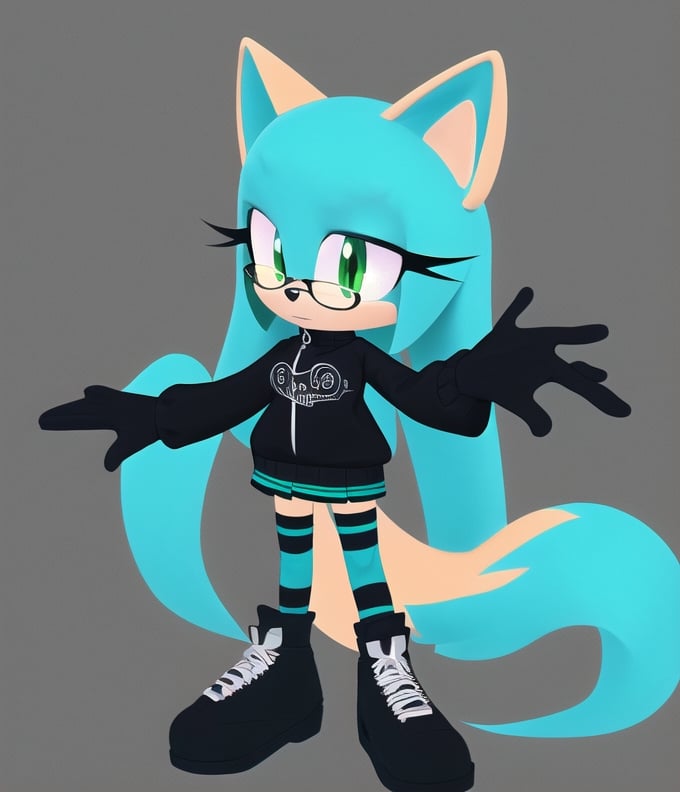 Female, mobian, black glasses, very long hair, fox, violet fur, Chinese fur, cyan fur, (black gothic mini skirt), (long sleeve), (front zipper), sweater, (black sweater), (regular sweater), (closed sweater), (black gloves), sneakers, green eyes , green eyes, medium breasts, full body, (striped stockings), ((((masterpiece))))