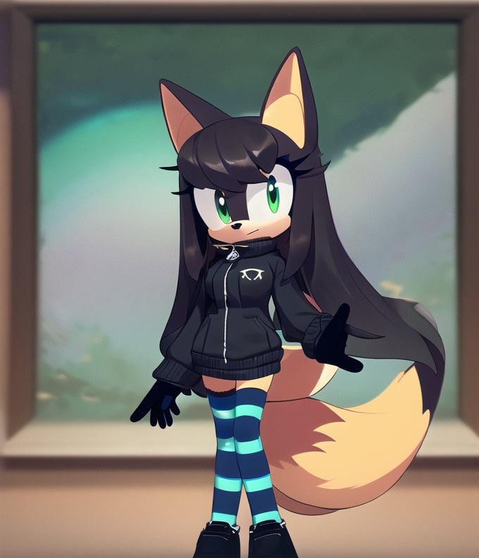 Female, mobian, black glasses, very long hair, fox, violet fur, Chinese fur, cyan fur, (black gothic mini skirt), (long sleeve), (front zipper), sweater, (black sweater), (regular sweater), (closed sweater), (black gloves), sneakers, green eyes , green eyes, medium breasts, full body, (striped stockings), ((((masterpiece))))