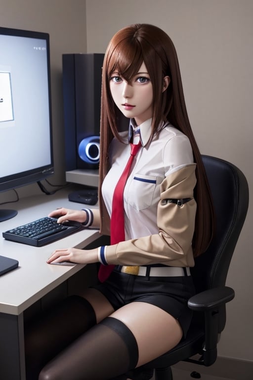 best quality, masterpiece, highres, ultra-detailed, beautiful detailed eyes, detailed background, raw photo, BREAK, 1girl, solo, Makise Kurisu, Steins:Gate, jacket, off shoulder, collared shirt, red necktie, black shorts, pantyhose, legwear under shorts, full body, realistic skin, attrative body, detailed clothes, extremely detailed hair, highly detailed eyes and pupils, juicy lips, BREAK, backlighting, face lighting, close view, starring at the viewer, BREAK, attractive posing, perfect anatomy, perfect proportion, perfect human hands, perfect human arm, seated on a gaming chair, expressionless, blush, BREAK, at night, dark room, night room, in the dark, deep shadow, low key, gaming room, gaming chair, gaming desk, keyboard, drawing tablet.