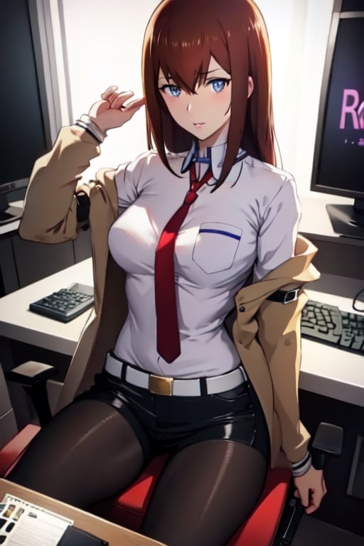 best quality, masterpiece, highres, ultra-detailed, beautiful detailed eyes, detailed background, raw photo, BREAK, 1girl, solo, Makise Kurisu, Steins:Gate, jacket, off shoulder, collared shirt, red necktie, black shorts, pantyhose, legwear under shorts, full body, realistic skin, attrative body, detailed clothes, extremely detailed hair, highly detailed eyes and pupils, juicy lips, BREAK, backlighting, face lighting, close view, starring at the viewer, BREAK, attractive posing, perfect anatomy, perfect proportion, perfect human hands, perfect human arm, seated on a gaming chair, expressionless, blush, BREAK, at night, dark room, night room, in the dark, deep shadow, low key, gaming room, gaming chair, gaming desk, keyboard, drawing tablet.