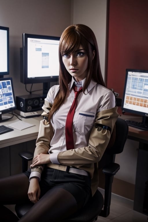 best quality, masterpiece, highres, ultra-detailed, beautiful detailed eyes, detailed background, raw photo, BREAK, 1girl, solo, Makise Kurisu, Steins:Gate, jacket, off shoulder, collared shirt, red necktie, black shorts, pantyhose, legwear under shorts, full body, realistic skin, attrative body, detailed clothes, extremely detailed hair, highly detailed eyes and pupils, juicy lips, BREAK, backlighting, face lighting, close view, starring at the viewer, BREAK, attractive posing, perfect anatomy, perfect proportion, perfect human hands, perfect human arm, seated on a gaming chair, expressionless, blush, BREAK, at night, dark room, night room, in the dark, deep shadow, low key, gaming room, gaming chair, gaming desk, keyboard, drawing tablet.