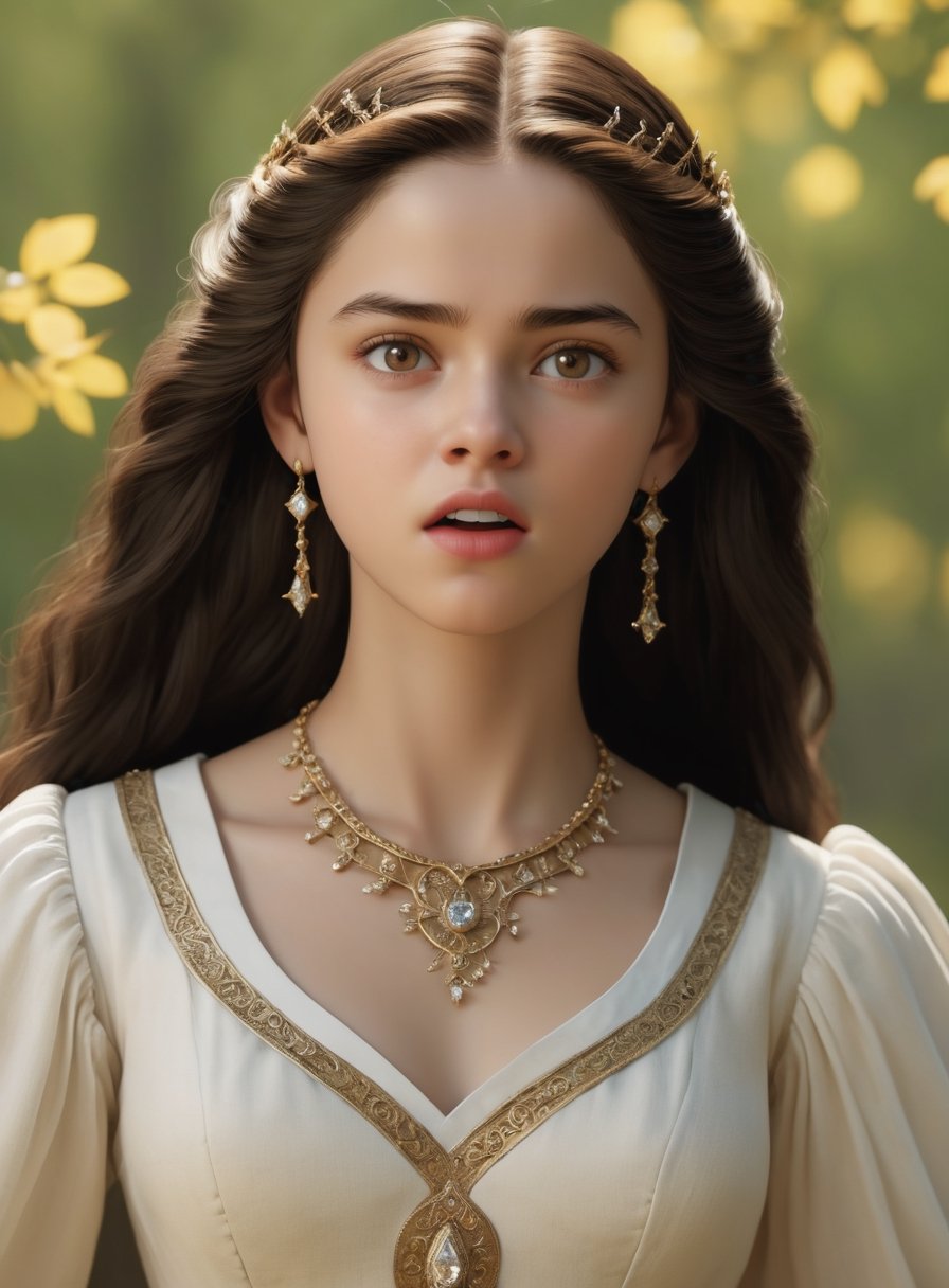  ,  (fullbody shot photography), (16yo, exceptionally beautiful girl), (white skin color),  (brown iris), (black hair), 16yo princess in medieval teenage romance fantasy, ultra highly detailed realistic 3d face, unreal engine, real person, skin with pores, robust jawline, chin raised, perfect eye symmetry in harmony with face, perfectly balanced face components, exceedingly rounded eyebrows, smart intelligent gaze, realistic head to body ratio, masterful usage of cinematic lighting,   (wearing light-colored white blouse in medieval teenage romance fantasy story),  (minimalistic tiny maple leaves printed on blouse), (wearing one simple small diamond accessory on hair), movie still,  amazing saturation, UHD, 8K RAW PHOTO, maintaining pose, same face expression as original image, quarreling with her mouth wide open, frustrated, frowning, nswf,detailmaster2 