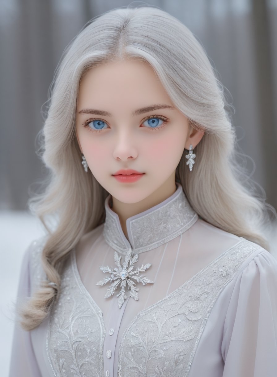   , exceptionally beautiful 16yo girl, perpendicular head angle, facing viewer,  skyblue eyes, skyblue iris , silver hair, masterful usage of front lighting, winter-themed, girl is wearing pale purple blouse with small-size snowflake pattern on blouse, (girl is wearing simplest snowflake shape accessories), amazing photography, amazing color, amazing saturation, UHD, 8K RAW PHOTO,detailmaster2 