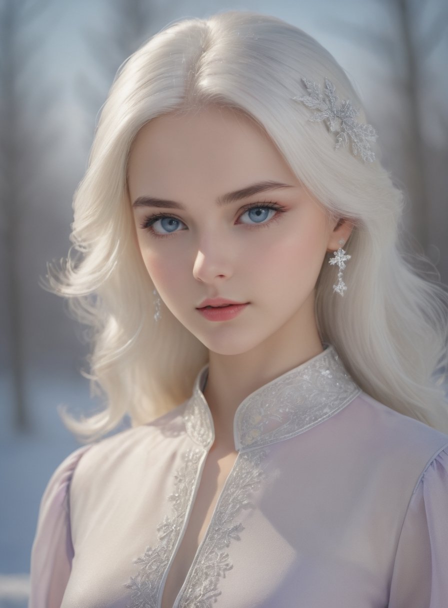   , (maintaining pose, maintaining identity, maintaining eyes, maintaining nose), ((redraw eyebrows in remarkably rounded shape)), photography of a beautiful girl, girl has highly detailed pristine skyblue eyes, sparkling skyblue iris, (silver hair),  (white hair),  winter-themed, (girl is wearing purple blouse with small snowflake pattern on blouse:1.3), (girl is wearing snowflake shape accessories:1.3), UHD, 8K RAW PHOTO,detailmaster2 