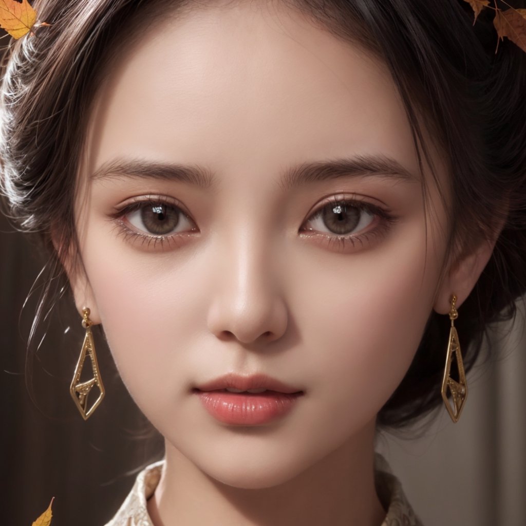  , 1girl, name is Aut1umn, princess of fantasy kingdom, perfect blending of medieval romance:0.8,  cyberpunk:0.2, Korean teenage girl, 16yo,  white skin color, high cheekbone,  
(highly detailed realistic face), (perfectly balanced face features), (perfect ratio), (face symmetry), (perpendicular face angle), ultra highly detailed realistic eyes, brown color iris, hint of smile:0.4, super smart, Fair-minded, Empathetic personality , (ultra detailed realistic black hair:1.33), (ultra detailed realistic small eyes:1.33), ((perfect face symmetry)), ((wider middle nose)), shorter hair,  short neck,      (wearing light-colored white blouse in medieval romance fantasy story),  (minimalistic tiny autumn leaf shape pattern, extremely small pattern on blouse), (wearing two simple tiny small accessories on hair:1.0), swf, wearing clothes, censored, masterpiece, portrait photography, amazing color, Fujifilm XT3, highly detailed realistic face, highly detailed eyes, perfect ratio:0.95, UHD, 8K RAW PHOTO, wallpaper, simple blurry background,detailmaster2 