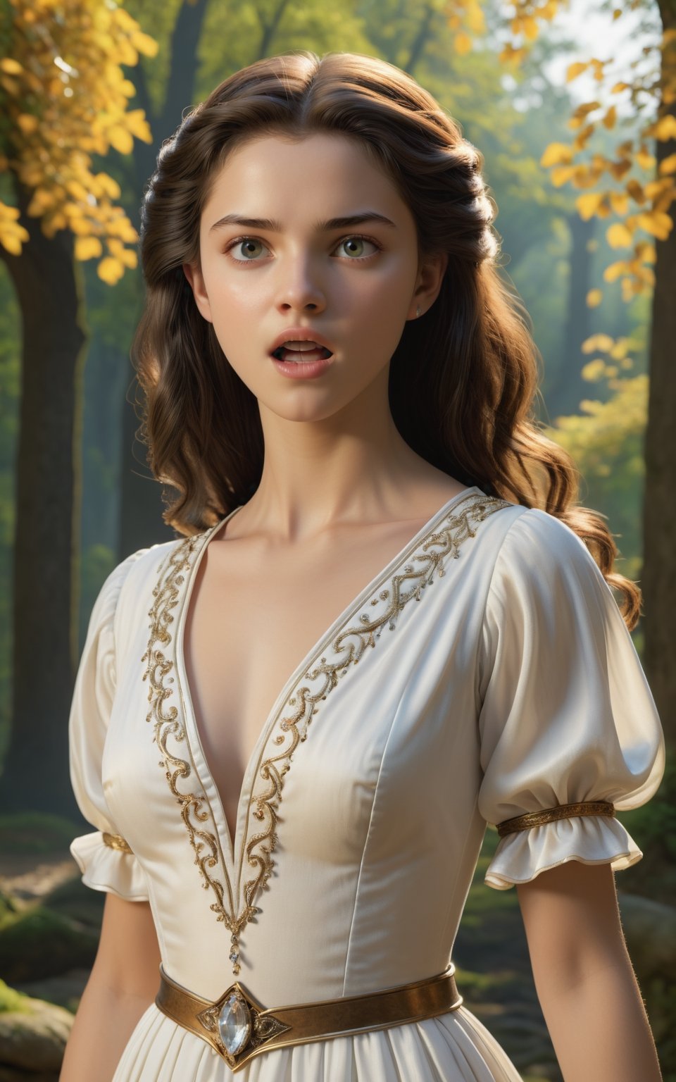   ,  (fullbody shot photography, distant perspective), (16yo, exceptionally beautiful girl), (white skin color),  (brown iris), (black hair), 16yo princess in medieval teenage romance fantasy, ultra highly detailed realistic 3d face, unreal engine, real person, skin with pores, robust jawline, chin raised, perfect eye symmetry in harmony with face, perfectly balanced face components, exceedingly rounded eyebrows, smart intelligent gaze, realistic head to body ratio, masterful usage of cinematic lighting,   (wearing light-colored white blouse in medieval teenage romance fantasy story),  (minimalistic tiny maple leaves printed on blouse), (wearing one simple small diamond accessory on hair), movie still,  amazing saturation, UHD, 8K RAW PHOTO, (quarreling with her mouth dramatically wide open, frustrated), nswf,detailmaster2 