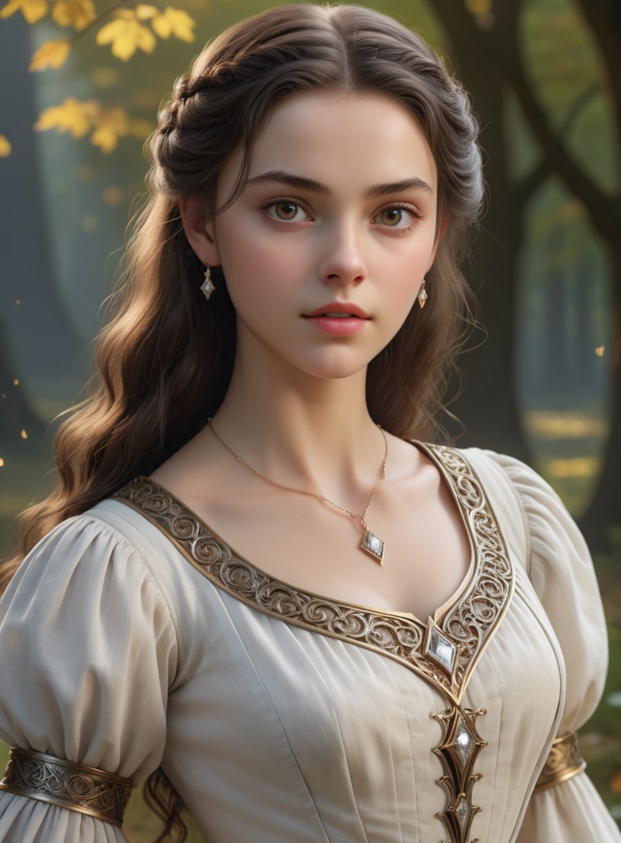 ,  (16yo, exceptionally beautiful girl), (white skin color),  (brown iris:1.00), (black hair:1.00), 16yo princess in medieval teenage romance fantasy, ultra highly detailed realistic 3d face, unreal engine, real person, skin with pores, robust jawline, chin raised, perfect eye symmetry in harmony with face, pristine brown eyes, beautiful black hair, balanced face components, neutral expression on face, smart intelligent gaze, realistic head to body ratio, masterful usage of cinematic lighting,   (wearing light-colored white blouse in medieval teenage romance fantasy story),  ( tiny maple leaf pattern printed on blouse), (wearing one simple luxurious diamond accessory on hair), movie still,  amazing saturation, UHD, 8K RAW PHOTO, maintaining pose, same pose as source image, swf,detailmaster2 