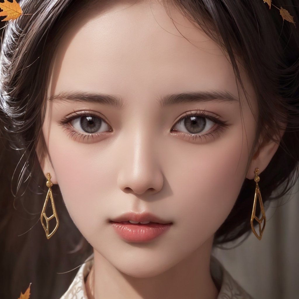  , 1girl, name is Aut1umn, princess of fantasy kingdom, perfect blending of medieval romance:0.8,  cyberpunk:0.2, Korean teenage girl, 16yo,  white skin color, high cheekbone,  
(highly detailed realistic face), (perfectly balanced face features), (perfect ratio), (face symmetry), (perpendicular face angle), ultra highly detailed realistic eyes, brown color iris, hint of smile:0.4, super smart, Fair-minded, Empathetic personality , (ultra detailed realistic black hair:1.33), (ultra detailed realistic small eyes:1.33), ((perfect face symmetry)), ((wider middle nose)), shorter hair,  short neck,      (wearing light-colored white blouse in medieval romance fantasy story),  (minimalistic tiny autumn leaf shape pattern, extremely small pattern on blouse), (wearing two simple tiny small accessories on hair:1.0), swf, wearing clothes, censored, masterpiece, portrait photography, amazing color, Fujifilm XT3, highly detailed realistic face, highly detailed eyes, perfect ratio:0.95, UHD, 8K RAW PHOTO, wallpaper, simple blurry background,detailmaster2 ,Detailedface