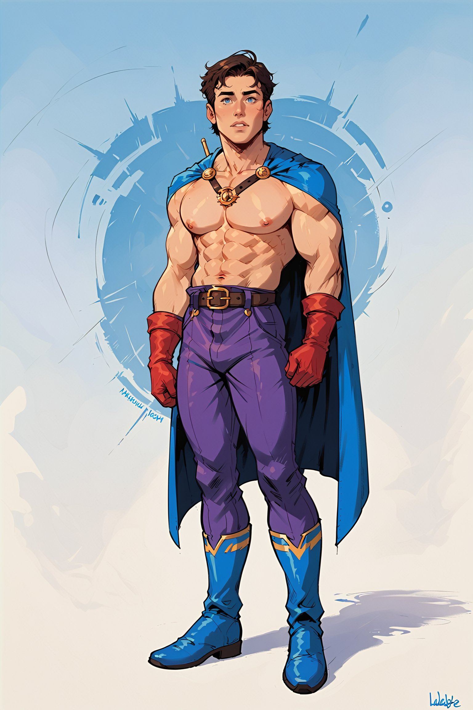 score_9,score_8_up,score_7_up,score_6_up, 1man, muscular male focus (:1.9) purple full costume (:1.9) full body portrait, 300dpi, upscaled 8K, intense blue eyes, masterpiece, short brunette hair, finest quality art, perfect anatomy, perfect hands (:1.9) red full gloves (:1.9) and blue boots (:1.9) blank background, image (:1.9) focus on purple suit (:1.9) muscular male arms, mismatched blue cape (:1.9) standing_up, arms folded (:1.9)