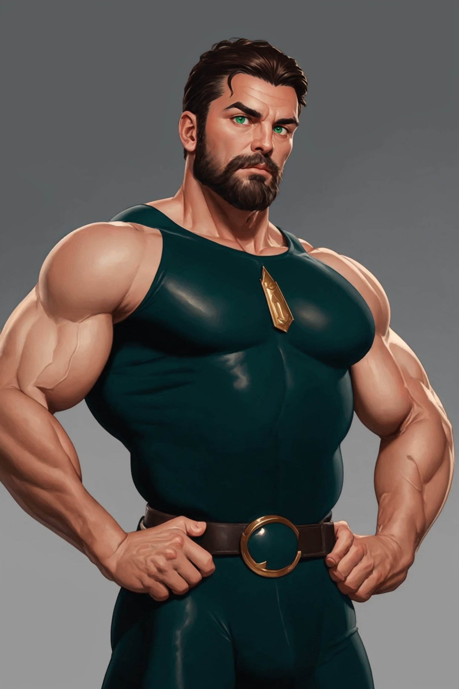 4K UHD illustration,  upscaled professional drawing HDR,  athletic built male,  portrait image,  stern expression,  intricate green eyes,  eyebrows,  stylish lomg dark brown hair,  full beard (:1.2) muscular male arms,  detailed muscles on forearms,  hands on hips,  looking down at viewer,  view from front,  skin tight form fitting blue suit , detailed hamds, detailed black leather belt,  blank dark background,  aura,  300dpi,  upscaled,  masterpiece,  finest quality art,  centered,  