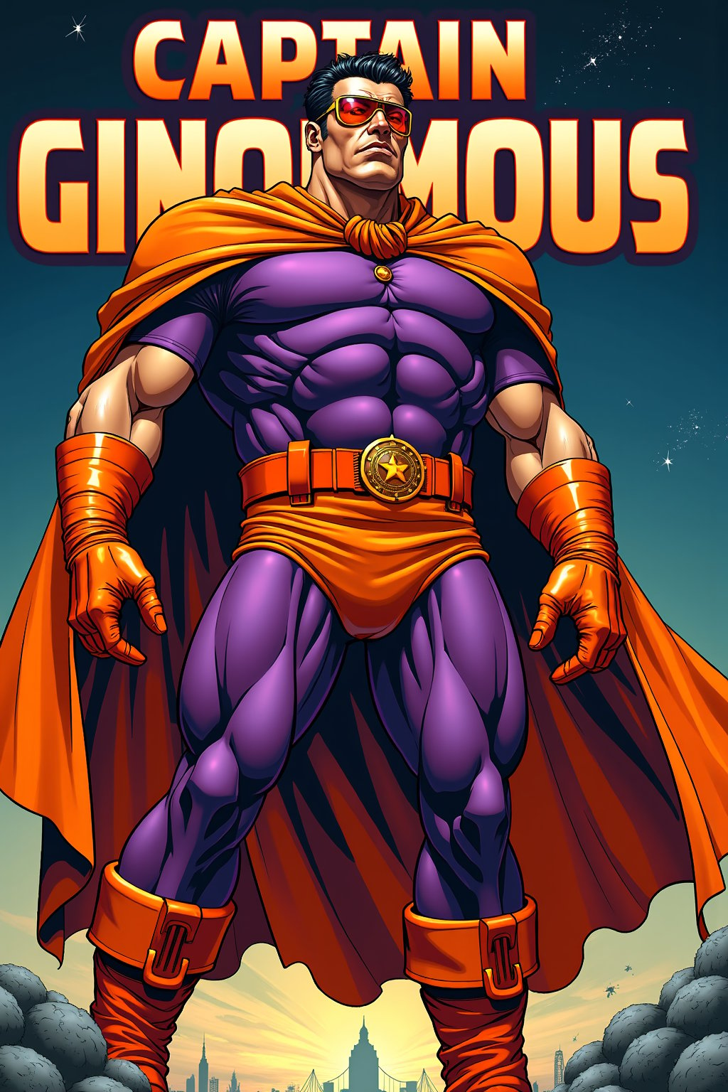 (comic cover :1.8) classic dark themed hero (comic book :1.3) big title: "Captain Ginormous" (:1.9) bold 1950s comic style font (:1.7) character focus (:1.9) wearing transparent orange visor over face (:1.3) short hair, male focus (:1.1) purple form fitting short sleeve top, orange boots, orange gloves, purple pants under orange shorts with large leather belt (:1.8) orange cape, dynamic background (:1.9) hero pose (:1.8) fantasy comic (:1.8) comic art, 300dpi, upscaled 8K, masterpiece, finest quality art, perfect anatomy (:1.9) classic comic book cover focus, focus on pants bulge 