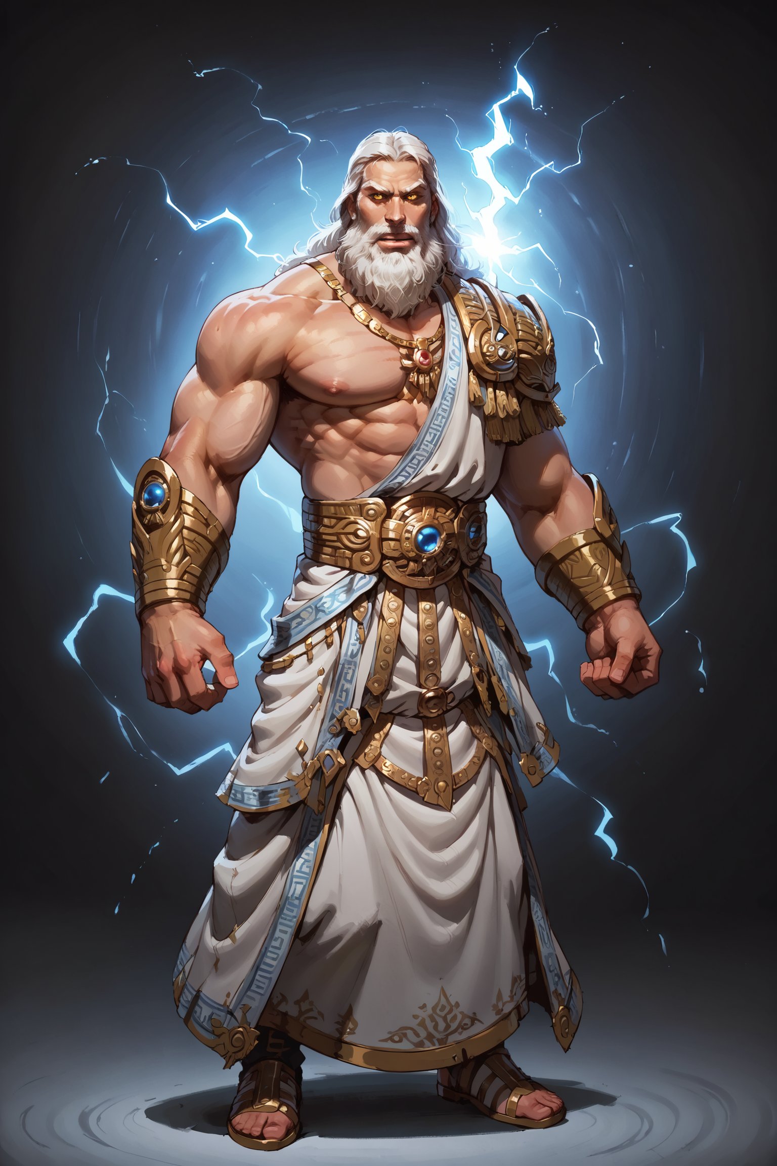 score_9,score_8_up,score_7_up,score_6_up, Zeus god (:1.6) old muscular male focus (:1.4) hulking muscular focus (:1.9) glowing amber eyes (:1.9) white long hair and long white beard (:1.9) view from front, slight turn (:1.9) full body portrait (:1.9) 300dpi, upscaled 8K, masterpiece, finest quality art, perfect anatomy, perfect large hands (:1.9) focus on god like clothes (:1.9) focus on full body portrait, perfect hands, king of the gods  (:1.9) greek god themed image, focus on holding large lightning bolt (:1.9) sparks emanating from hands 