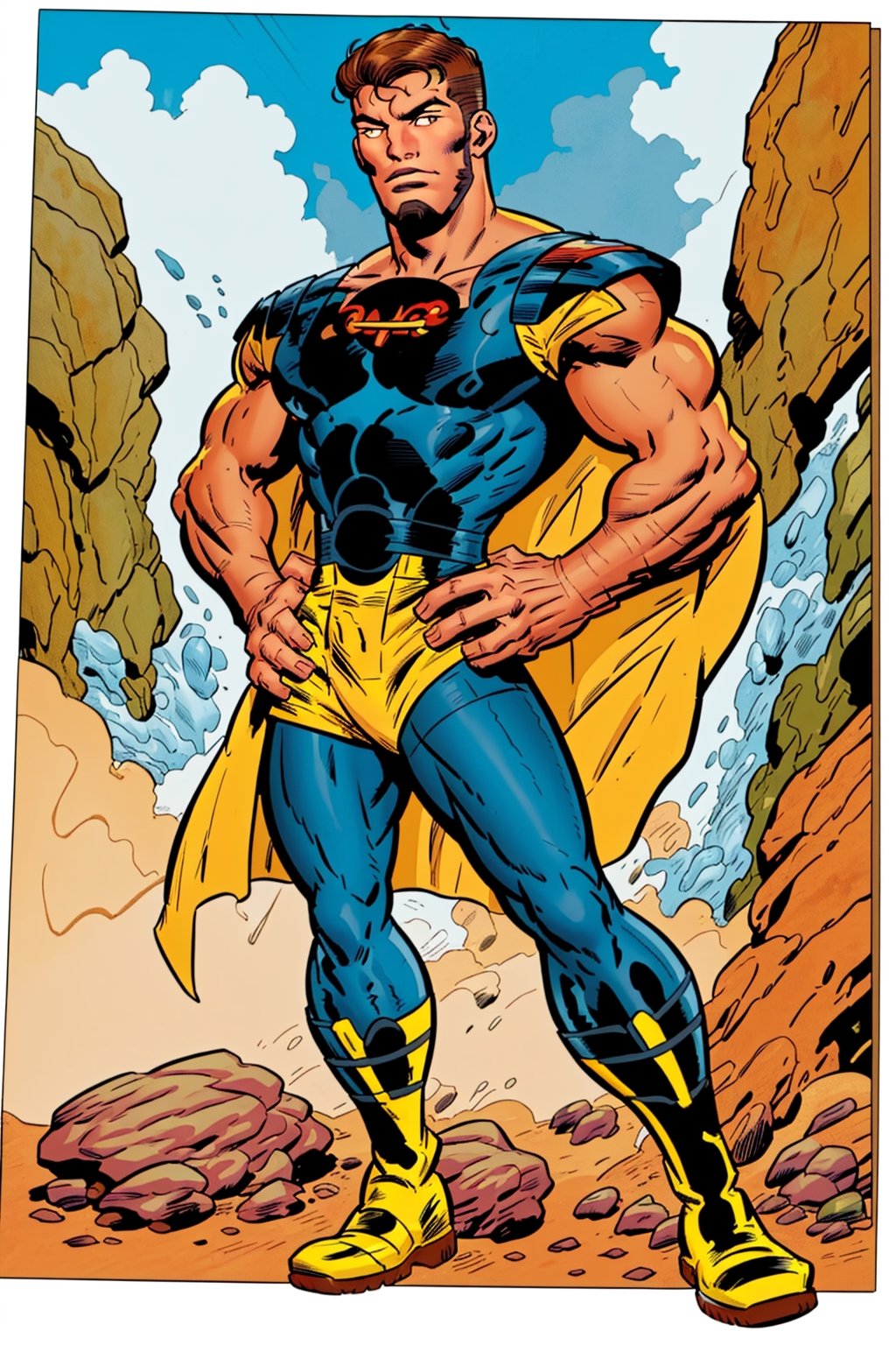 4K UHD illustration,  upscaled professional drawing HDR, full-body_portrait, athletic built male,  muscular male focus, detailed arms, hands on hips (:1.9) form fitting bodysuit (white with yellow inlays (:1.9) yellow cape, yellow boots (:1.9) handsome male focus,  perfect anatomy,  dynamic battlefield backdrop (:1.9) perfect hands (:1.5) finest quality art,  300dpi,  upscaled 8K, finest quality art (1man),cartoon,comic book,jeangrey