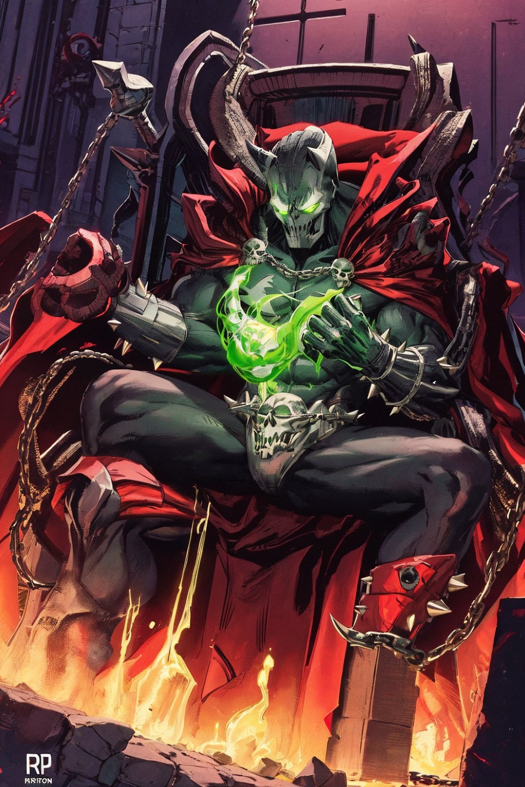 Knight Spawn, hulking muscular male focus (:1.1) demonic spiked helmet, long red collar, red cowl, red cape, swirling chains, skulls, glowing green eyes emanating a glow, red gauntlets, spikes, dramatic lighting, raw image, 8k, muscular, uhd, best quality, award winning photo, rtx on, unreal engine 5, full body, wide angle shot,  seated in throne made of skulls  (:1.9), hell backdrop (:1.9) superhero pose, absurdres, long cape, large red boot (:1.9), large gauntlet, flowing cape, round giant axe, asymmetrical red armor, 300dpi, upscaled 8K, masterpiece, finest quality art, perfect anatomy 
