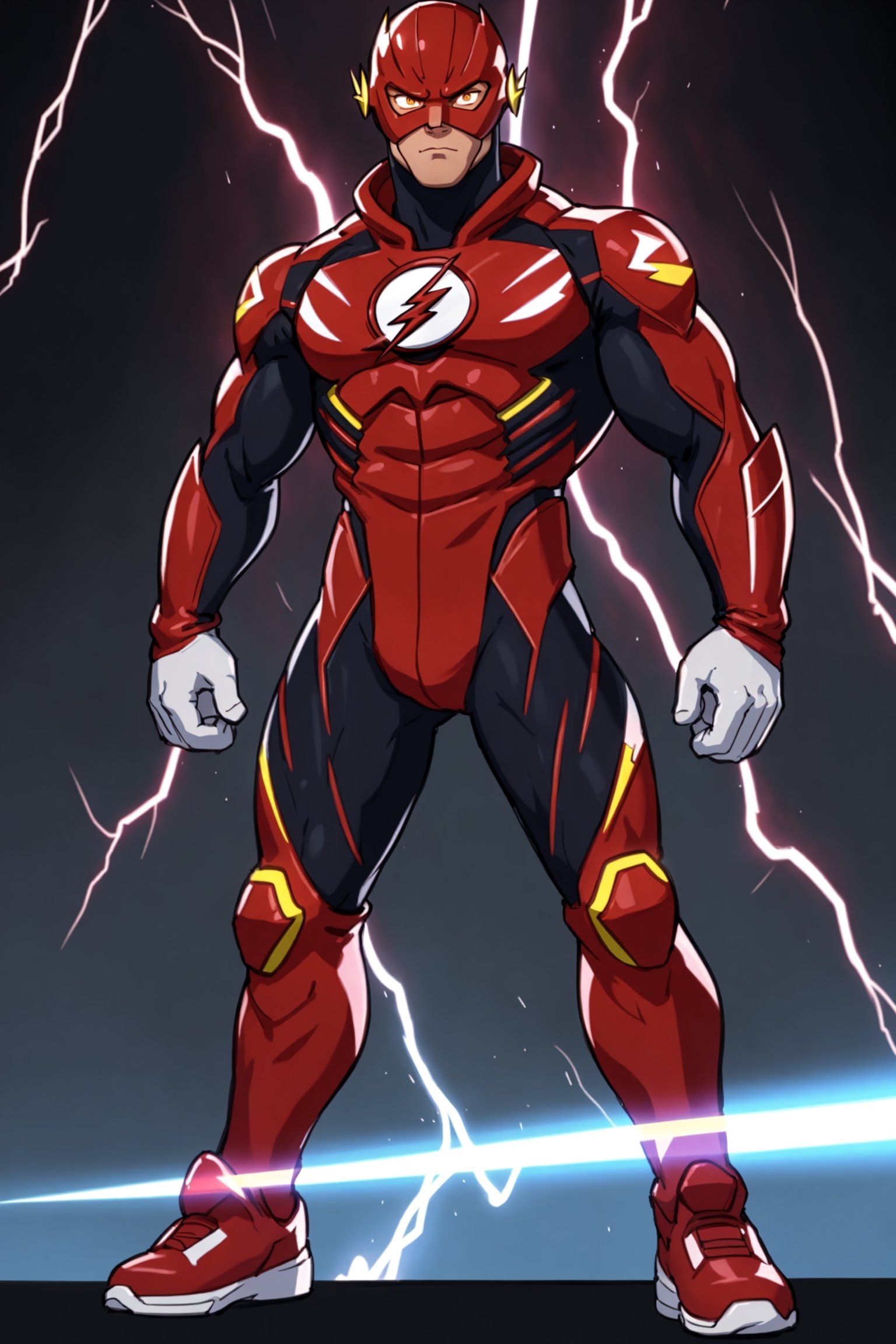 4K UHD illustration,  upscaled professional drawing HDR,  athletic built male,  full_body image,  standing,  detailed muscular arms,  stern expression,  intense white eyes,  form fitting tight red flash bodysuit, with lightning  inlays (:1.9) dynamic background, sharp focus,  300dpi, 
centred,  vibrant,  upscaled,  masterpiece  (:1.9)  detailed ,the flash suit,(1man)