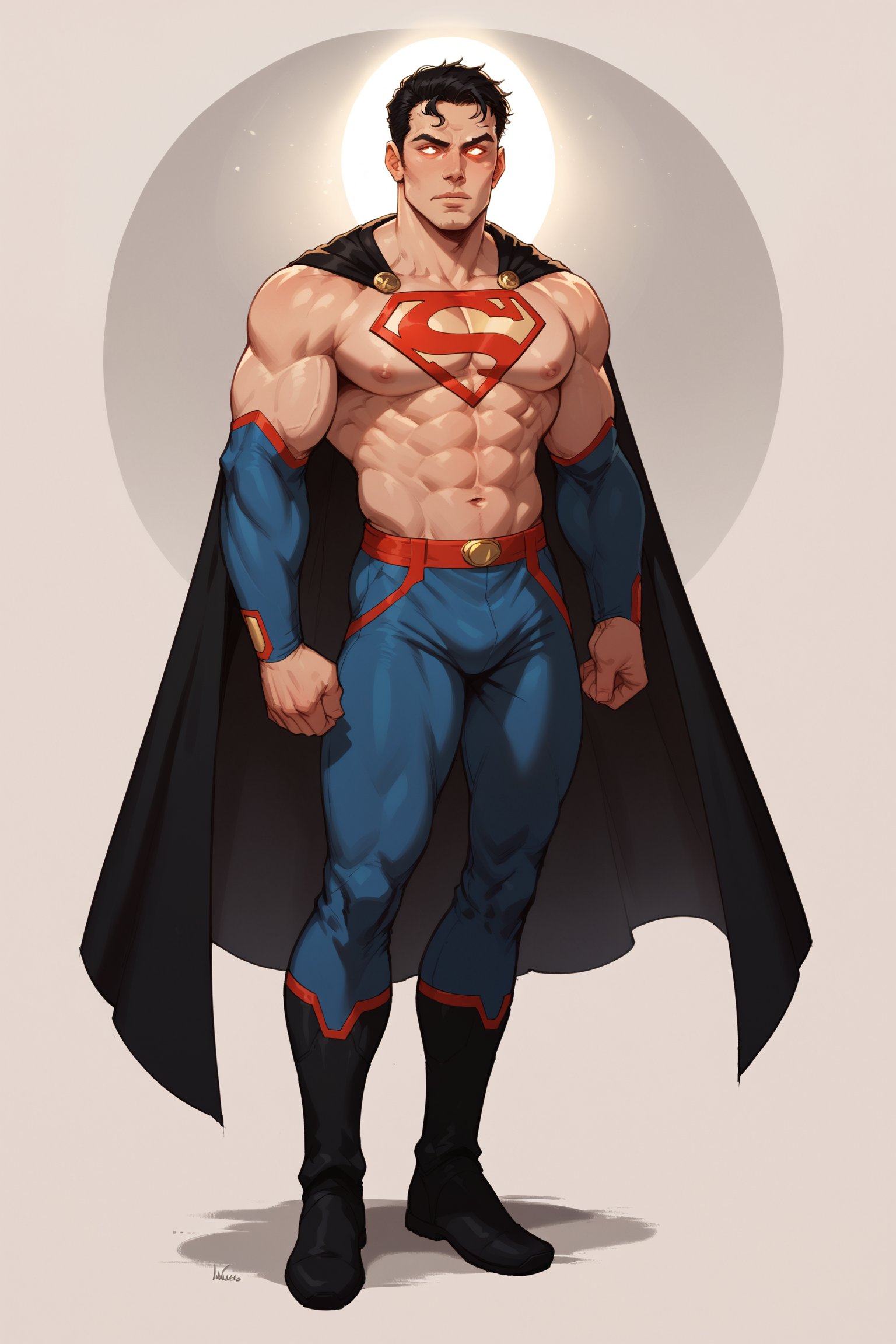 score_9,score_8_up,score_7_up,score_6_up, Hulking muscular Superman (:1.6) male focus (:1.9) glowing white eyes (:1.9) stylish black hair (:1.9) view from front, looking-away-from-camera (:1.9) full body portrait (:1.9) 300dpi, upscaled 8K, masterpiece, finest quality art, perfect anatomy, perfect hands (:1.9) focus on futuristic style mechsuit (:1.9) no cape, focus on full body portrait, perfect hands, floating in air backdrop (:1.9) detailed muscular body,  focus on alternate themed costumes (:1.9) 