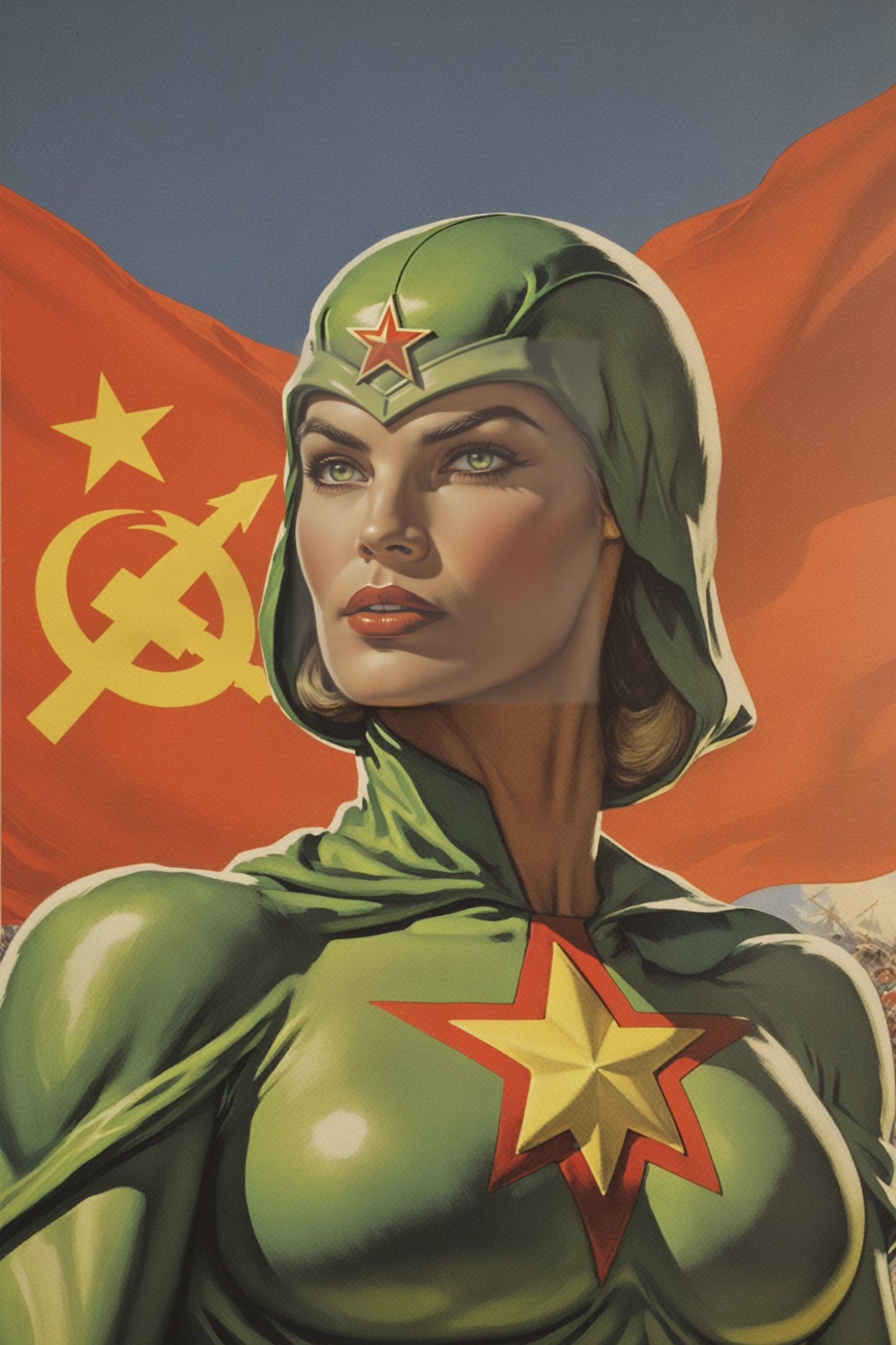 Soviet communist retro painted poster of Martian Manhunter from DC comics (:1.9) green skin tone (1.4) full-body_portrait, muscular male focus (soviet poster art), (masterpiece), (Perfect illumination), (detailed face) ((ultra-detailed eyes)), (((red lipstick:.5))), (yellow eyes:.5))), ((puffy lips)), ((bimbo make up)), detailed classic costume (:1.9) slim sexy girl with small tits, well defined pushed up breasts (:1.4) detailed costume, ultra-detailed, skin is doused with oil, ,Bimbofication,soviet poster, soviet flag (:1.9) 