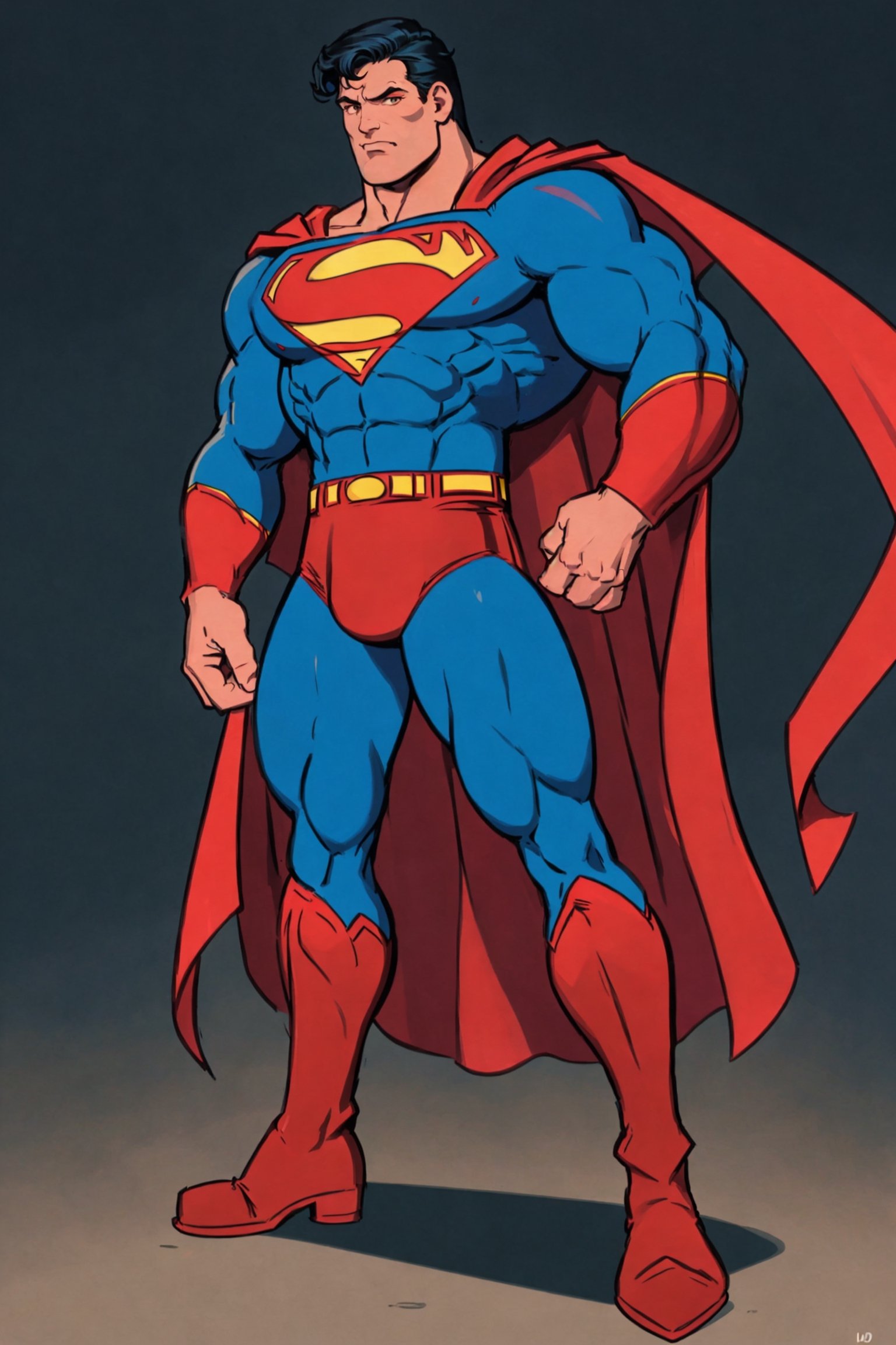 4K UHD illustration,  upscaled professional drawing HDR,  athletic built male,  full_body image,  standing,  hands on hips, looking_at_the_viewer,  intense red glowimg eyes (:1.9) handsome male focus,  unshaven,  slicked_back_hair, stern expression with gritted teeth,  detailed superman costume,  red flowing cape, red boots with yellow trim,  detailed stylized superman logo on chest, detailed muscular arms,  centered,  dynamic,  detailed,  upscaled,  masterpiece,  300dpi,  dynamic background ,1male,clark