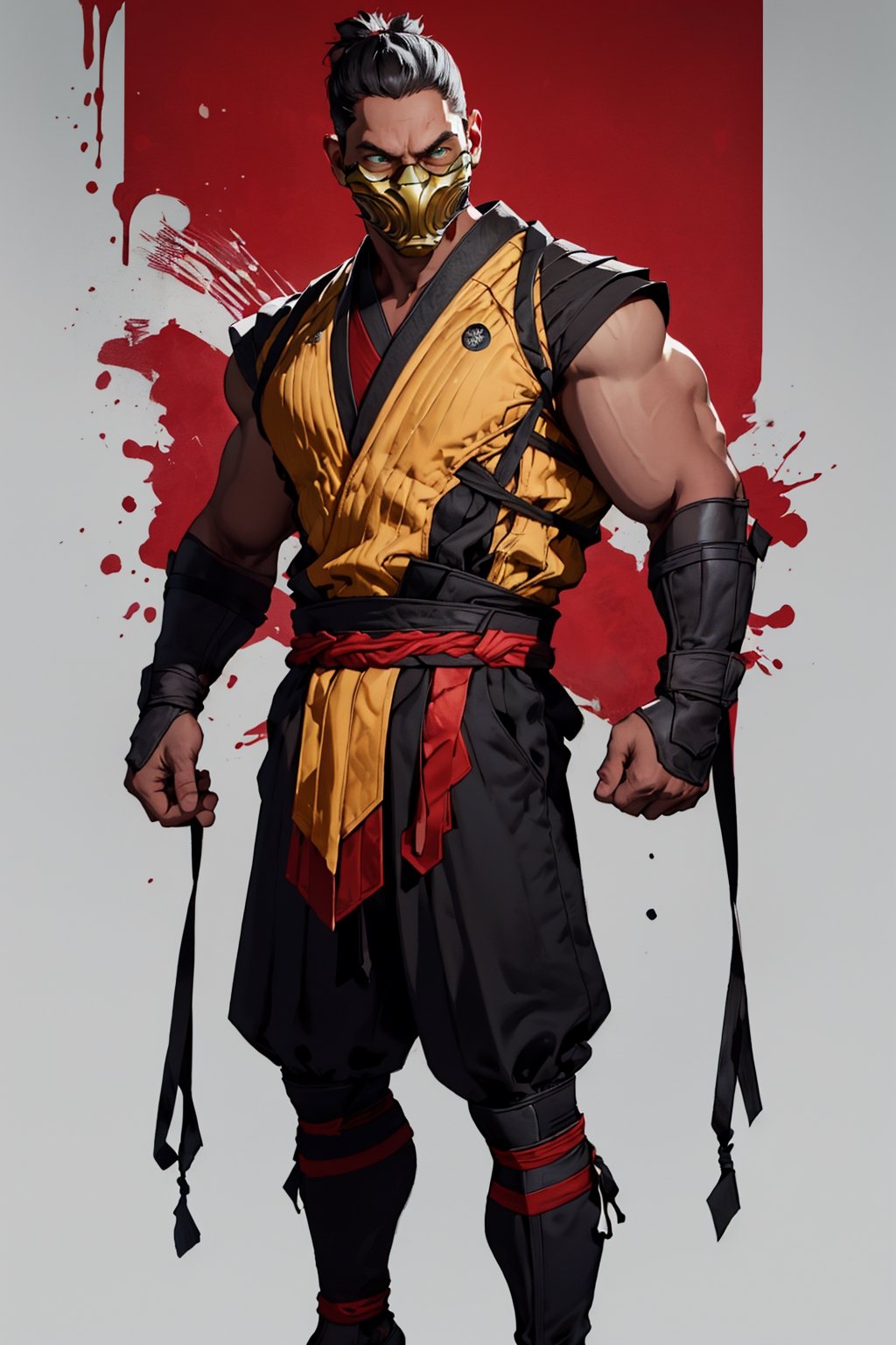 4K UHD illustration, upscaled professional drawing HDR, handsome man, pectoral focus, real life, full-body_portrait, perfect anatomy,  form fitting tight black bodysuit under RED mortal kombat ninja costume (:1.9) black hood, intense GREEN eyes, stern expression, detailed muscular male arms, male focus, mortal kombat themed (RED) ninja mask (:1.9) RED loincloth over black pants, battle pose, 300dpi,  upscaled 8K,  masterpiece,  finest quality art,  blank background, focus on red ninja costume, ERMAC from Mortal Kombat ,mkscorpion