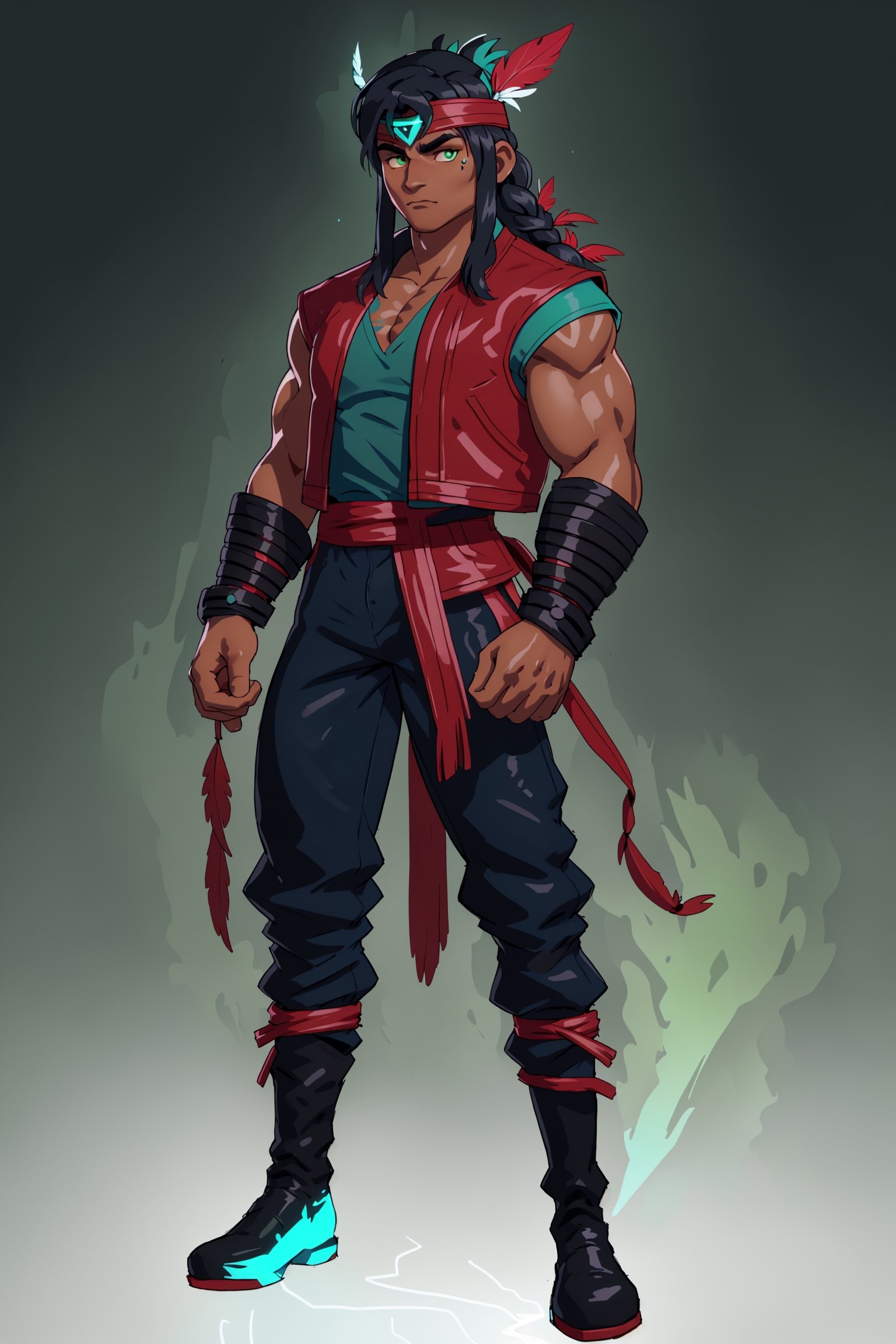 4K UHD illustration,  upscaled professional drawing HDR,  stern indigenous american indian male, tanned skin tone (:1.7)  muscular build, male focus, intense eeire spectral green eyes (:1.9) black hair (:1.9)  detailsd muscular arms (:1.9) with a red black tribal decal on top of black leather jacket (:1.9) detailed blue with red trim pants (:1.9) long dread hair with feather head dress (:1.7) black boots, accessories on his arm (:1.9) hold green glaming bioluminescent axe (:1.9) full_body image,  standing,  looking-into-camera,  300dpi,  upscaled , masterpiece (:1.9) centered,  blank background,  dynamic green lightning 
(1man),mklkng