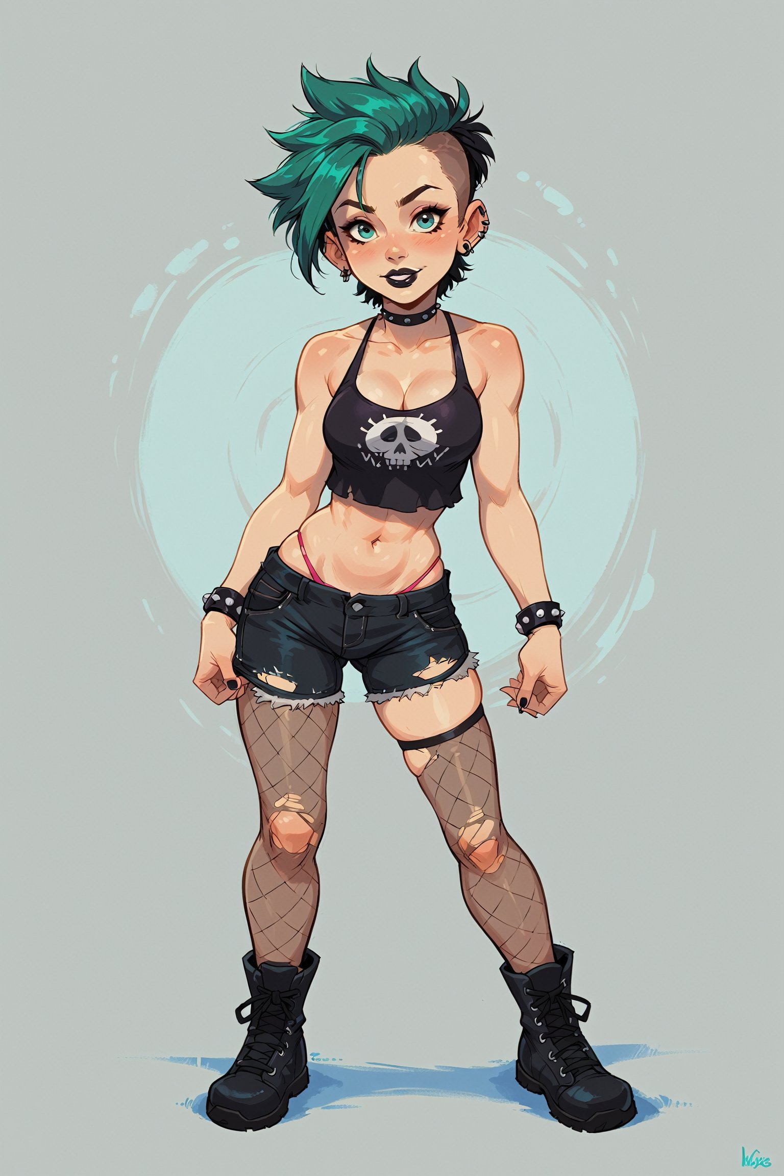 score_9,score_8_up,score_7_up,score_6_up, 1girl, stuningly beautiful female focus, punk style girl, black lipstick, 15yrs, petite build, child like focus, big green eyes, cute, emo girl, cleavage, torn punk shirt, intense green eyes, standing_up, legs spread, midriff_peek (:1.1) solo scene (:1.9) full body portrait (:1.9) fishnet stockings (torn) 300dpi, upscaled 8K, pink g-string under torn pants, sideboob, loose fitting top, masterpiece, finest quality art, perfect anatomy, perfect hands (:1.9) long green hair (:1.9) form fitting (full body) mismatched punk rock clothes (:1.9) young female focus (:1.9) blank background, cute image (:1.9) ,j_cartoon, perfect hands 